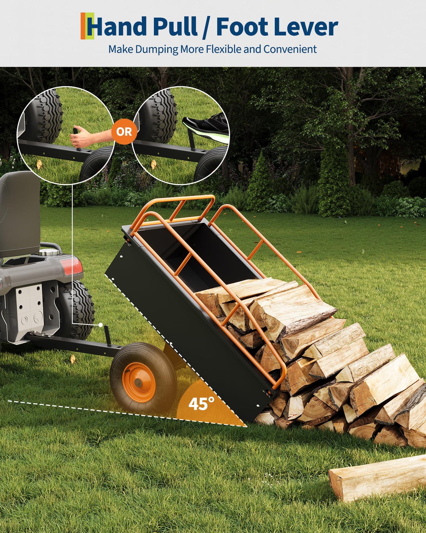 GarveeLife Heavy Duty ATV Trailer Steel Dump Cart, 750 LBS 15 Cubic Feet, Garden Utility with Removable Sides for Riding Lawn Mower Tractor