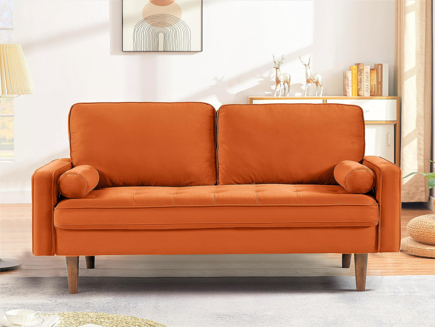 Container Furniture Direct Velvet Tufted Sofas for Living Room, Classic Mid-Century Style with Modern Silhouette, Button Tufting and Wood Legs, Includes 2 Bolster Pillows, Loveseat, Orange