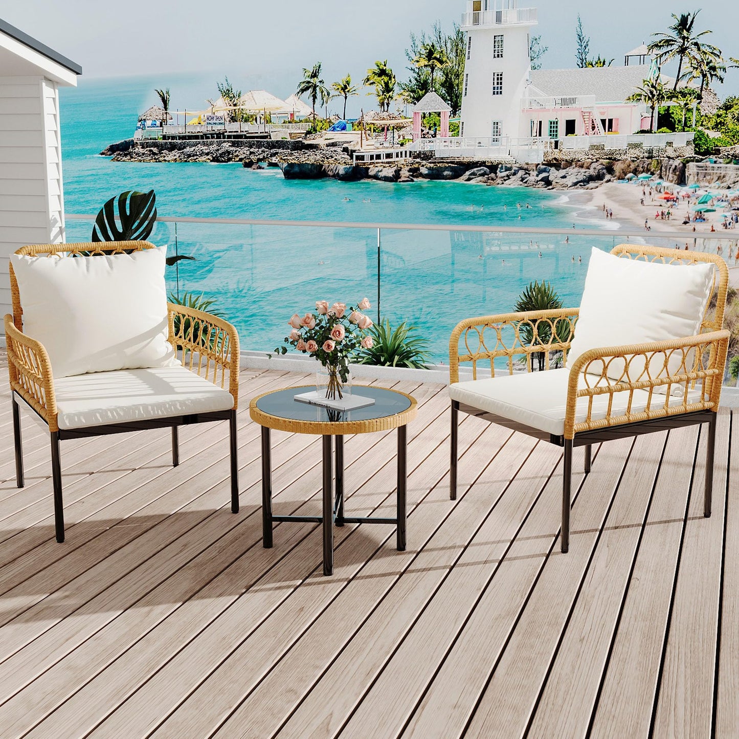 GarveeLife Wicker 3 Pieces Patio Bistro Sets Outdoor Conversation Sets with Glass Top Side Table and 2 Modern Rattan Chairs, Patio Furniture Set for Apartment, Backyard, Porch, Balcony, Lawn (Beige)
