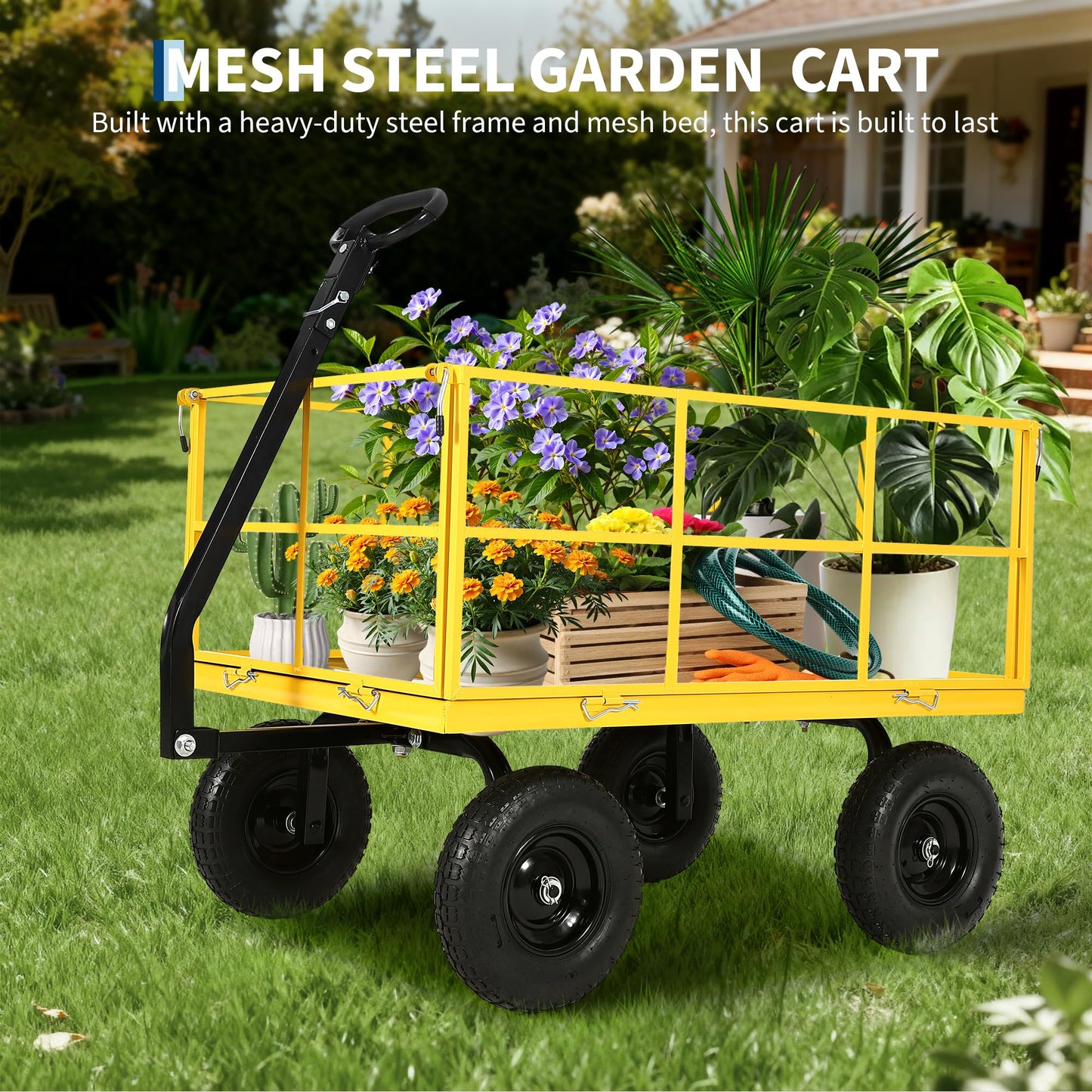1500 lbs Steel Garden Cart, Folding Utility Wagon with Removable Sides, Garden Wagon Cart on Wheels, Metal Utility Wagon Yard Trailer with 13 in Tires180° and Swivel Handle, Yellow