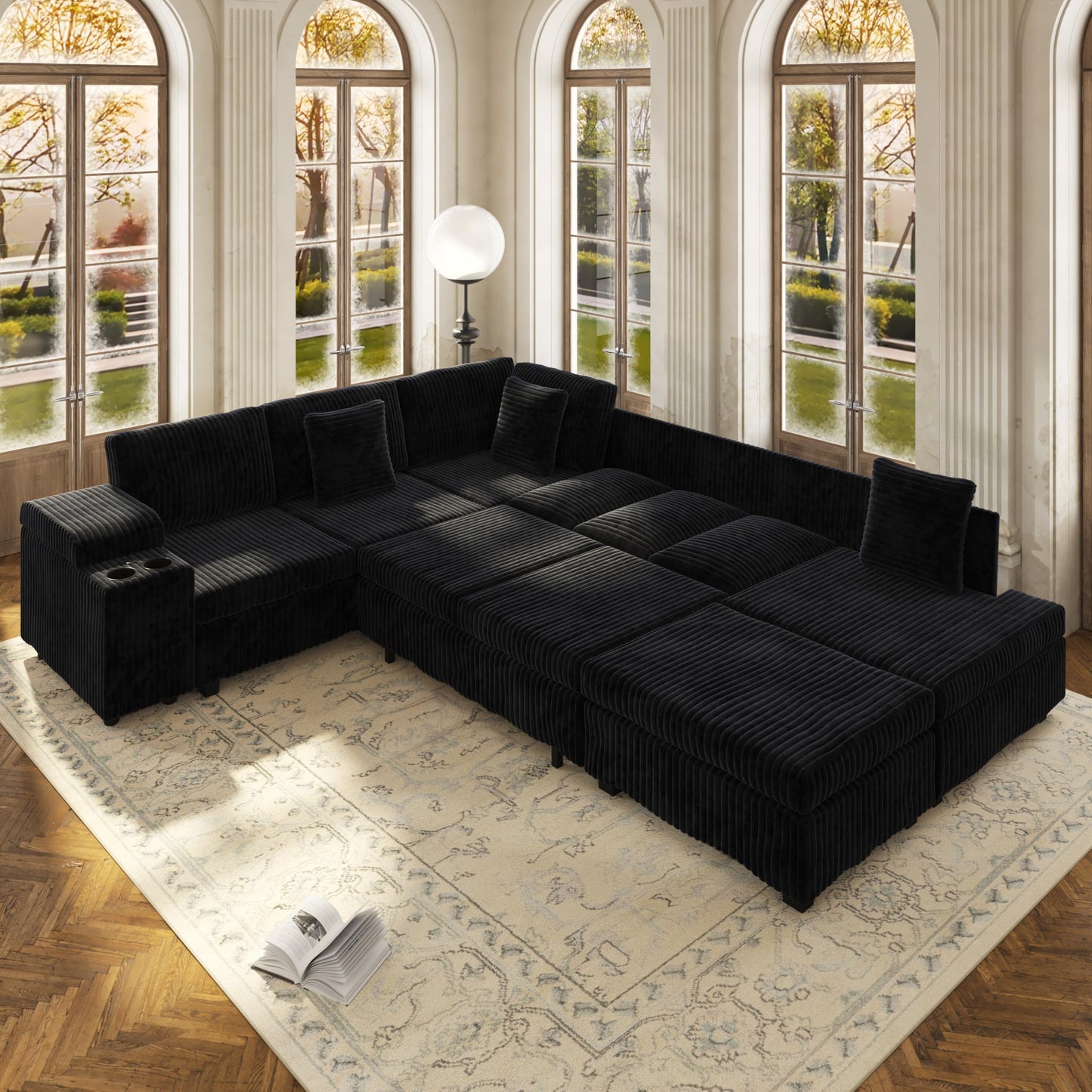 KEIKI 110" L-Shaped Oversized Plush Corduroy Modular Sectional Sofa with Pull-Out Bed, Convertible 6-Seater Sleeper Couch Bed with 1 Ottomans & USB & Cup Holders, Easy Assembly, for Living Room, Black