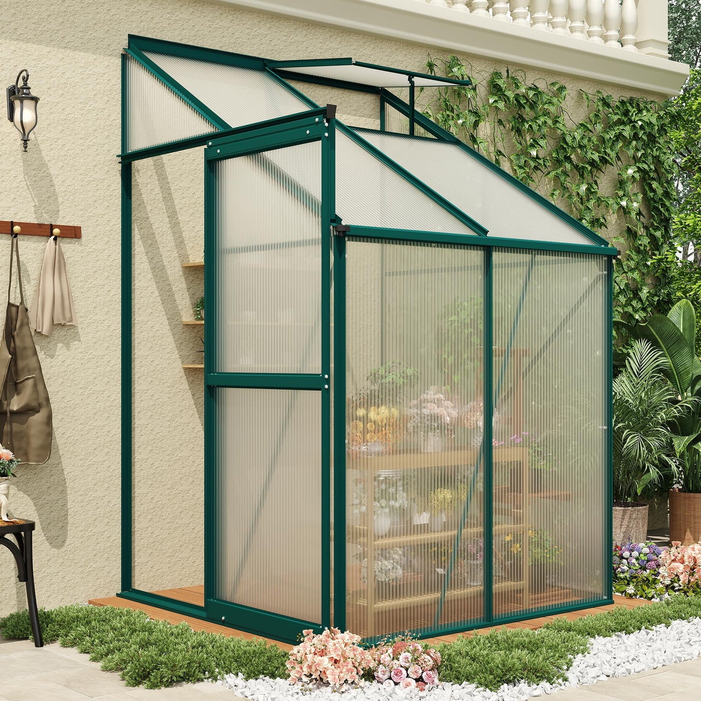 4x4 ft Lean-to Walk-in Polycarbonate Greenhouse,Greenhouse Kit,Lean-to Greenhouse for Outdoors,Portable Wall-Mounted Outdoor Green House with Sliding Door,Adjustable Roof Vent & Rain Gutter