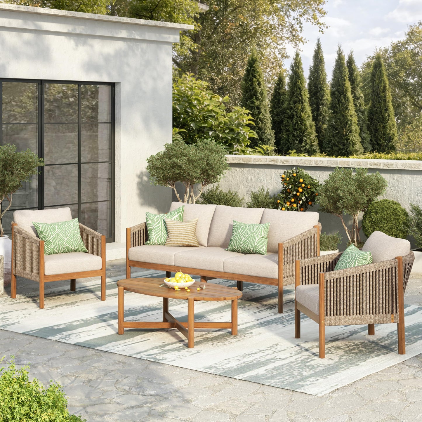 Christopher Knight Home Bubi 5-Seater Patio Furniture Set with Cushion, 4 Piece Outdoor Acacia Wood Conversation Set, Solid Wood Outdoor Sectional Sofa Set with Coffee Table, Teak+Beige