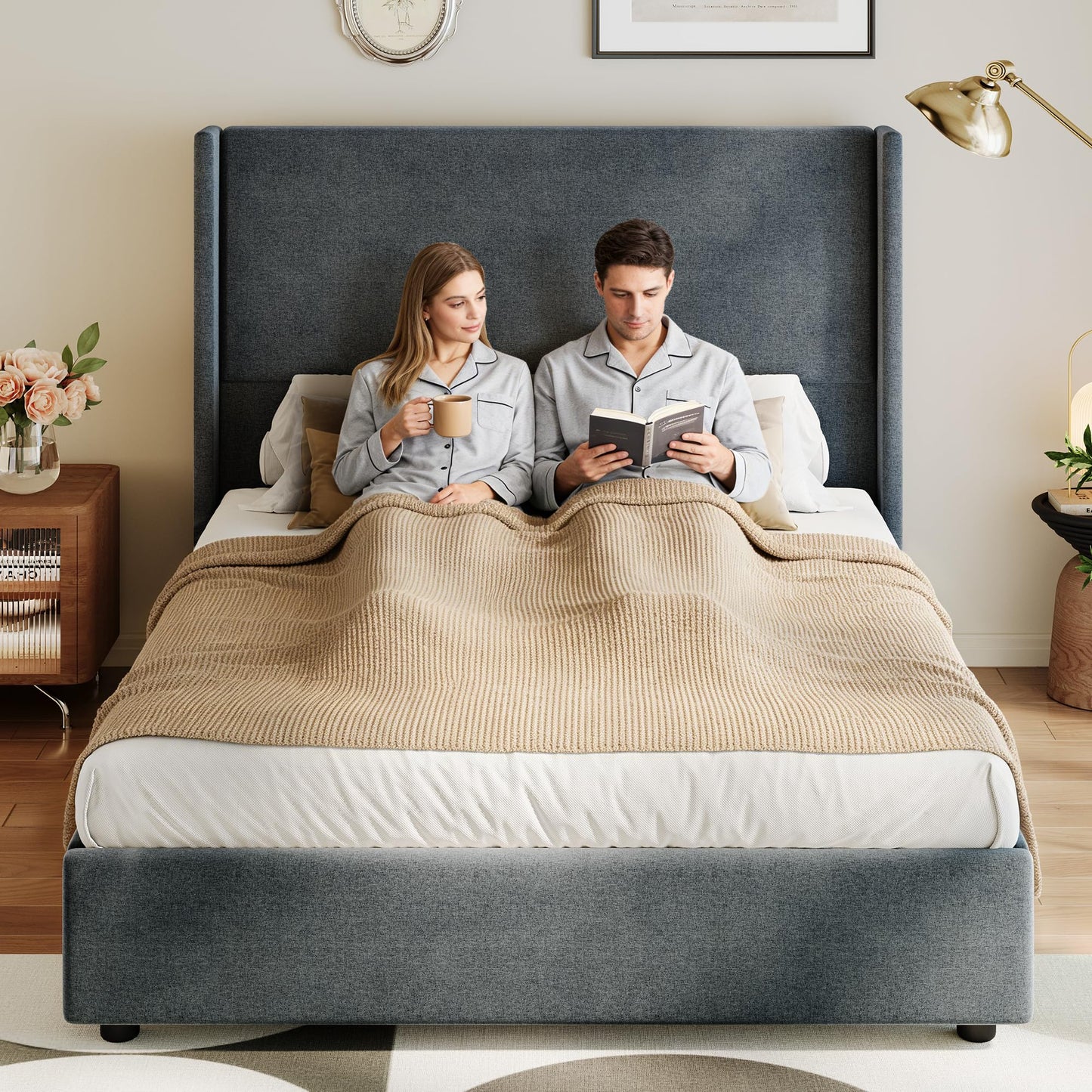 CarterChairr Queen Size Bed Frame Linen Fabric Upholstered Platform with 55.51" Tall Headboard Wingback and Wooden Slats Support, Non-Slip, No Box Spring Needed, Easy Assembly, Beige