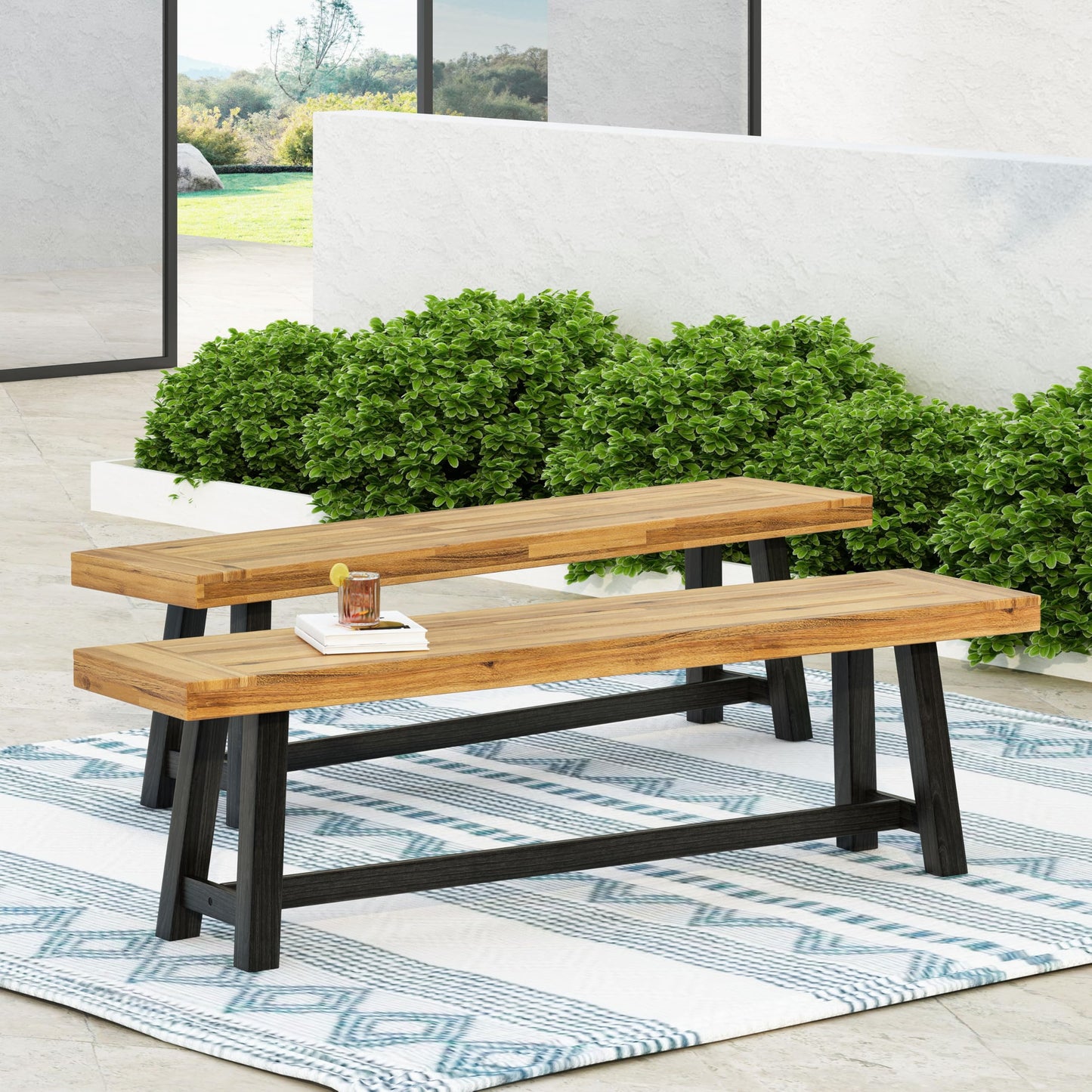 Merax 2-Piece Acacia Wood Outdoor Benches Set, 63" Rustic Patio Bench with Sandblast Teak Finish and H-Stretcher Design, Solid Hardwood Garden Bench for Dining, Porch, Fire Pit, Teak+Black