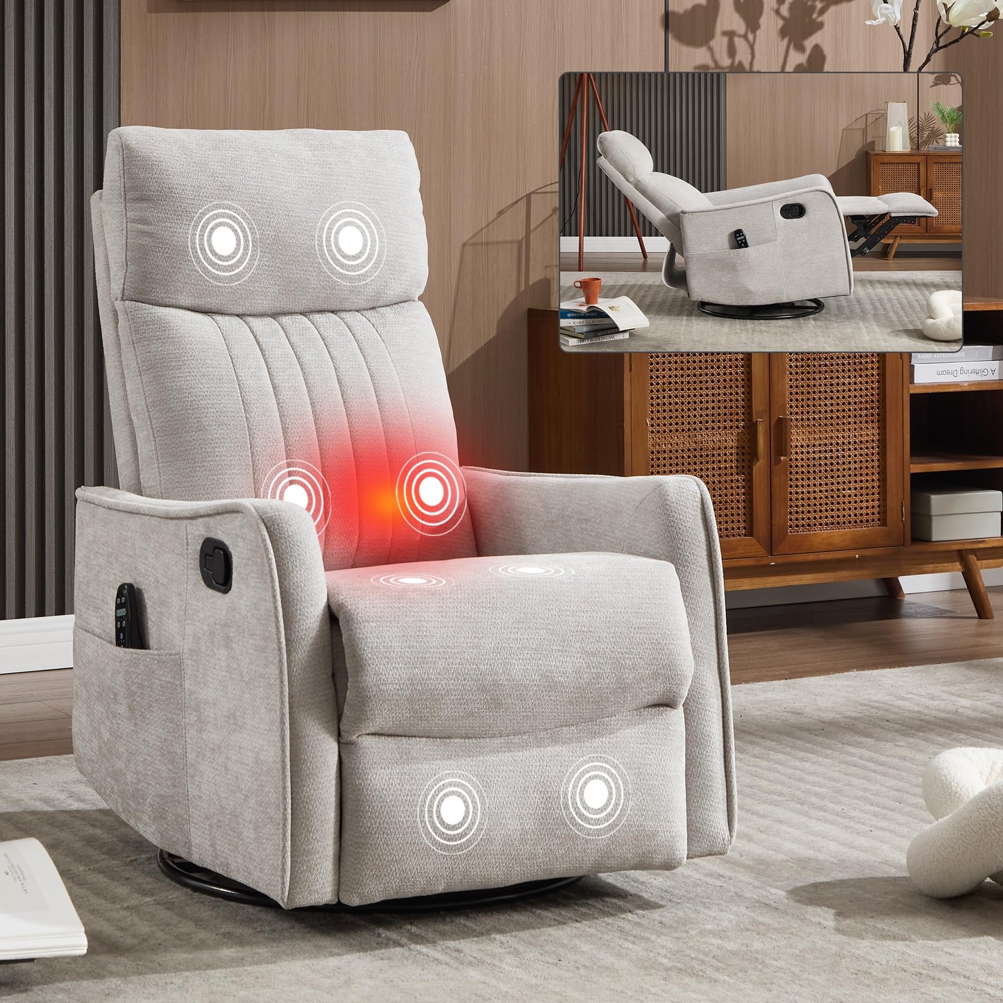 KEIKI 4-in-1 Manual Swivel Rocker Recliner Chair for Living Room, Chenille Nursery Glider Rocking Chairs with Back Massager & Heat, Comfortable Reading Chair Modern Bedroom Furniture, Light Grey