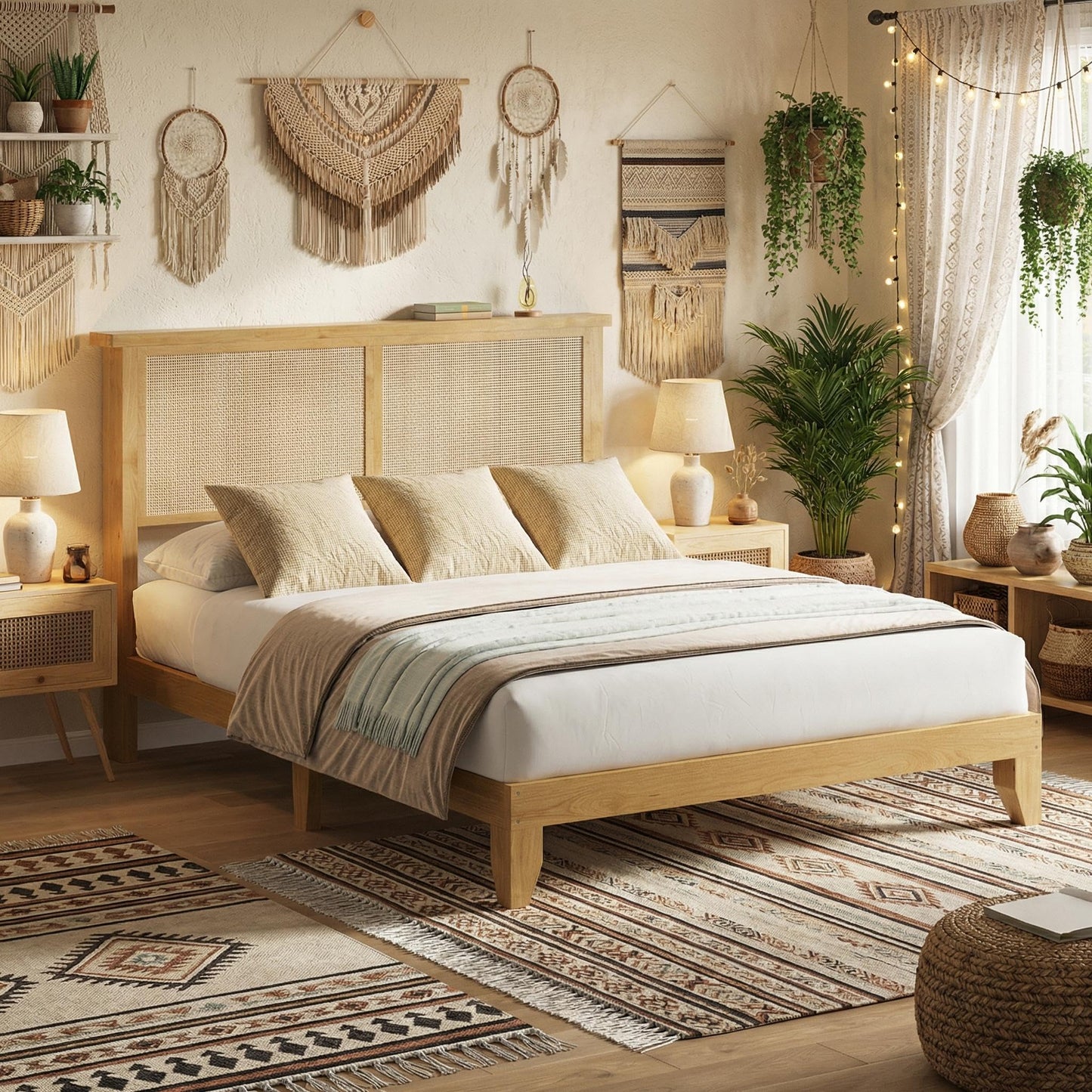 IDEALHOUSE Rattan Bed Frame Queen Size with Natural Rattan Headboard & LED Lights, Wood Queen Bed Frame with Solid Wood Foundation, No Box Spring Needed, Natural