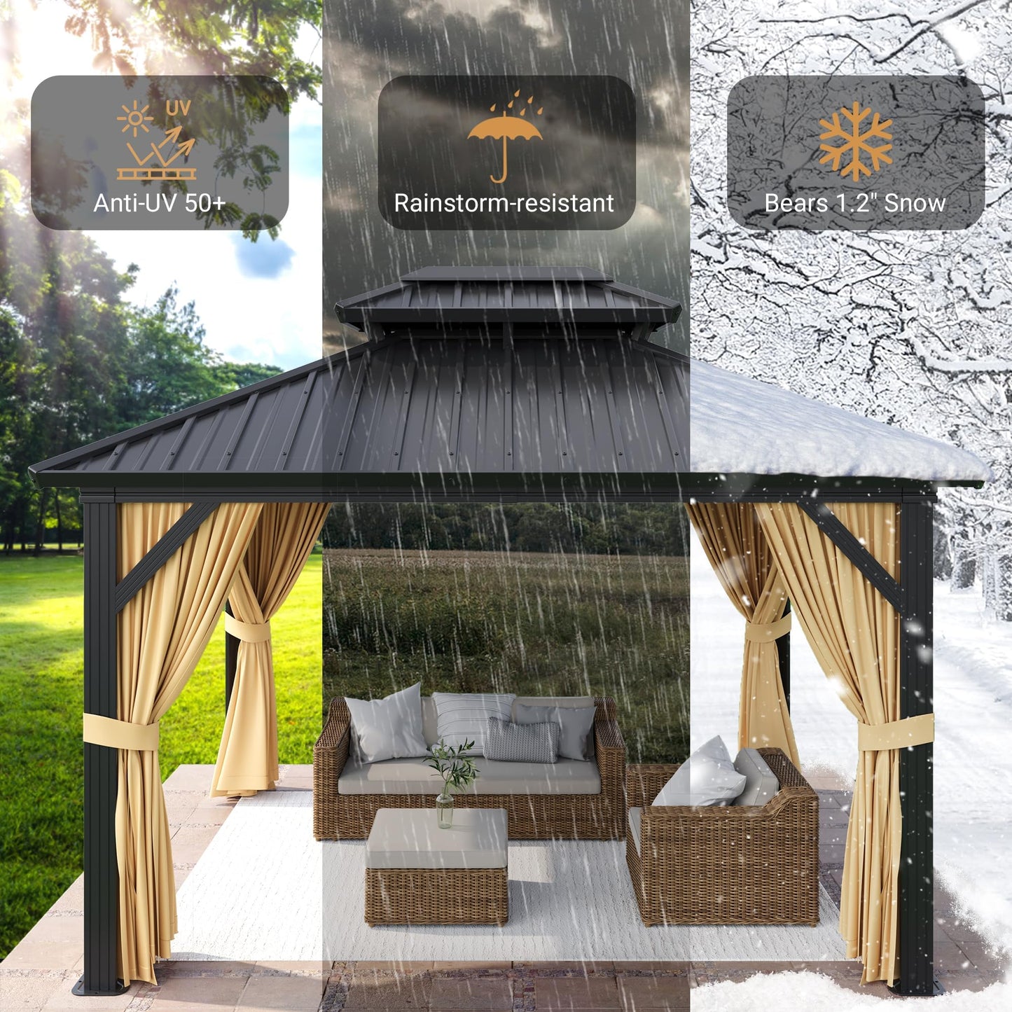 10x12 FT Hardtop Gazebo with Double Galvanized Steel Roof, Heavy-Duty Aluminum & Iron Frame, Mosquito Netting and Privacy Curtains, All-Weather Outdoor Pavilion for Patio Backyard Garden Deck, Khaki
