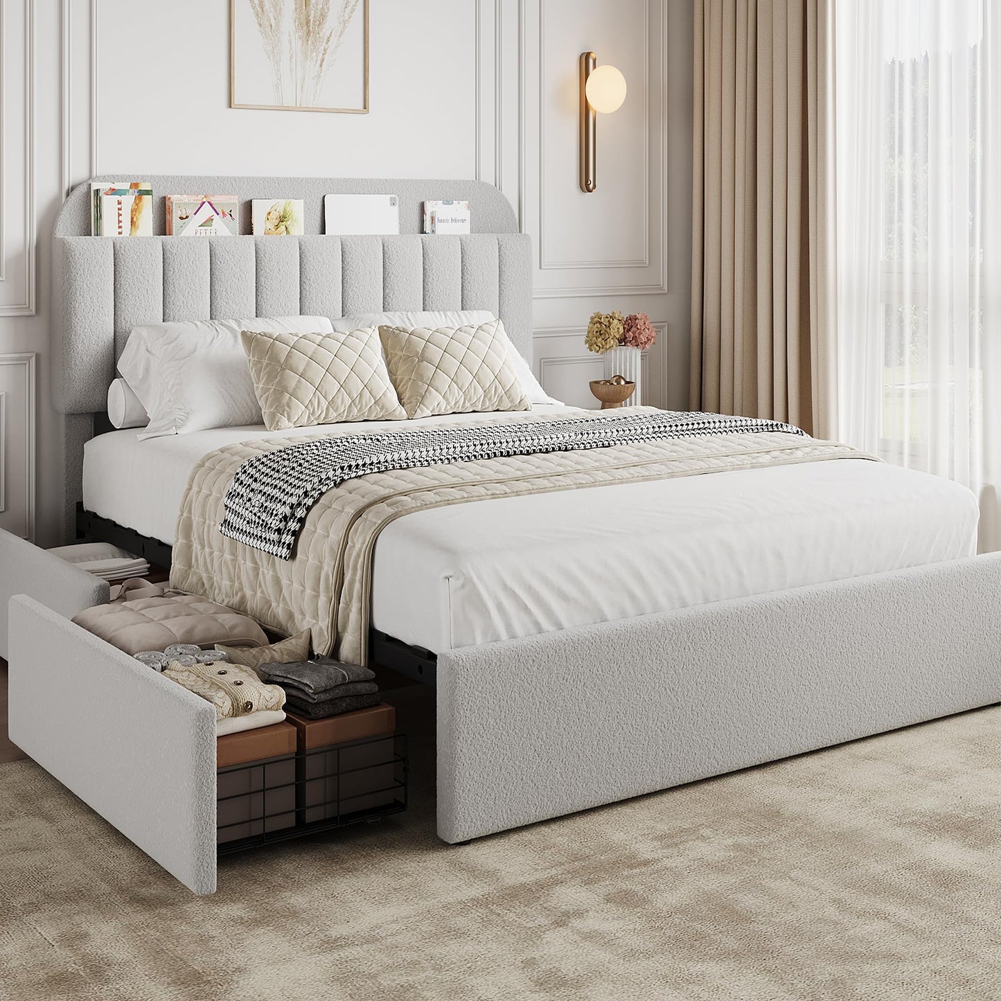 Jojoka Queen Bed Frame with Storage Headboard and 2 Drawers, Boucle Upholstered Platform Bed, Modern Girls Bed Frames for Rooms, No Box Spring Needed, Easy Assembly, Grey
