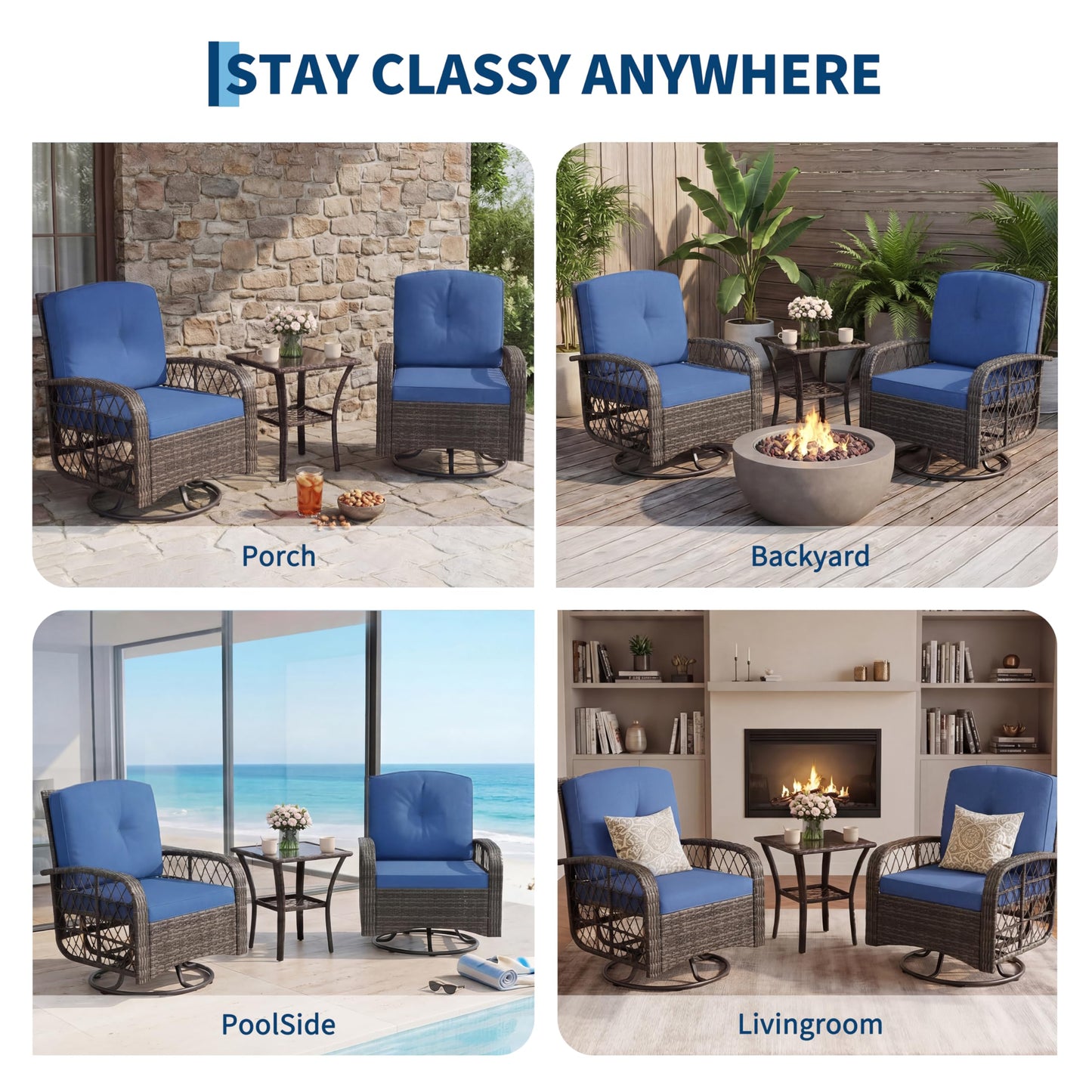 Garvee 3 Pieces Patio Furniture Set, Outdoor Swivel Glider Rocker Set w/Washable Cushion and Tempered Glass Tabletop, Conversation Furniture for Deck Porch Balcony Backyard Garden,Gray & Blue