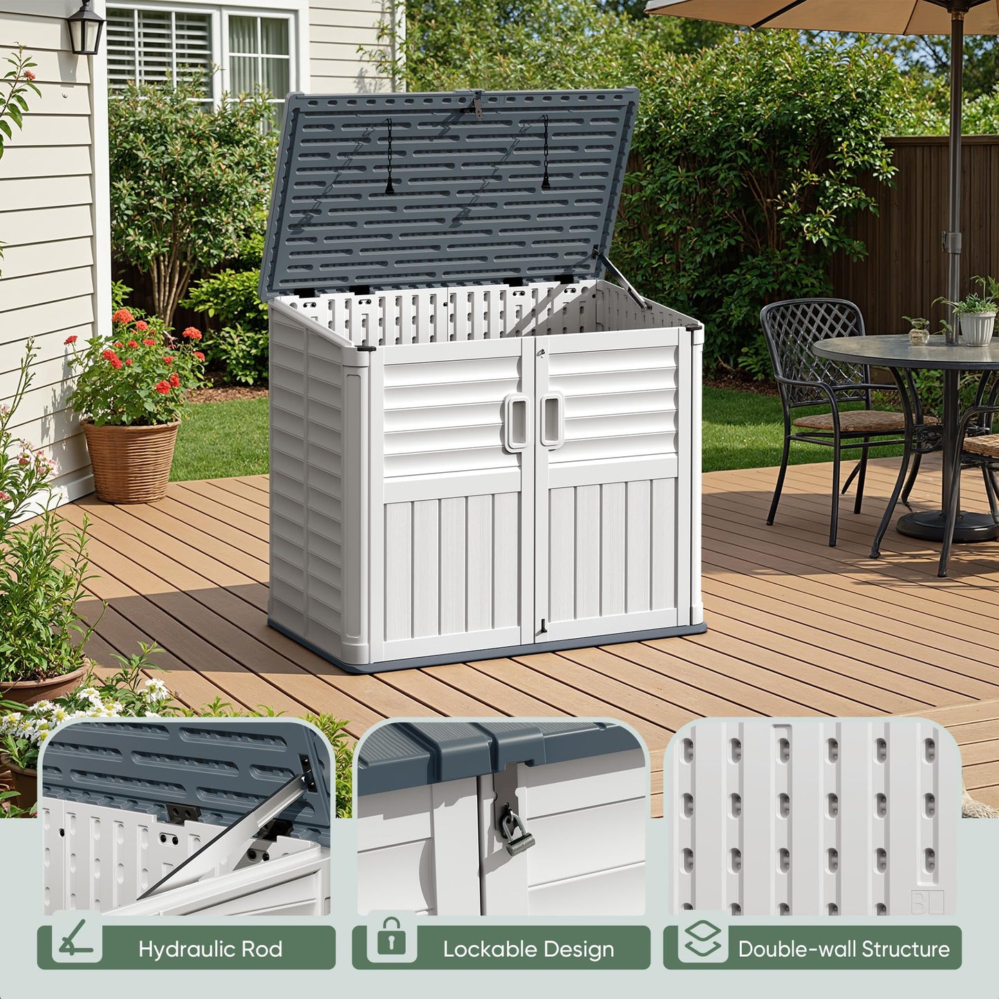 Devoko Outdoor Storage Shed, Resin, 34 Cu Ft Outdoor Storage Cabinet Without Shelf, Waterproof, Double Locks, Storage for Trash Can, Garden Tools, Pool Supplies, Beige