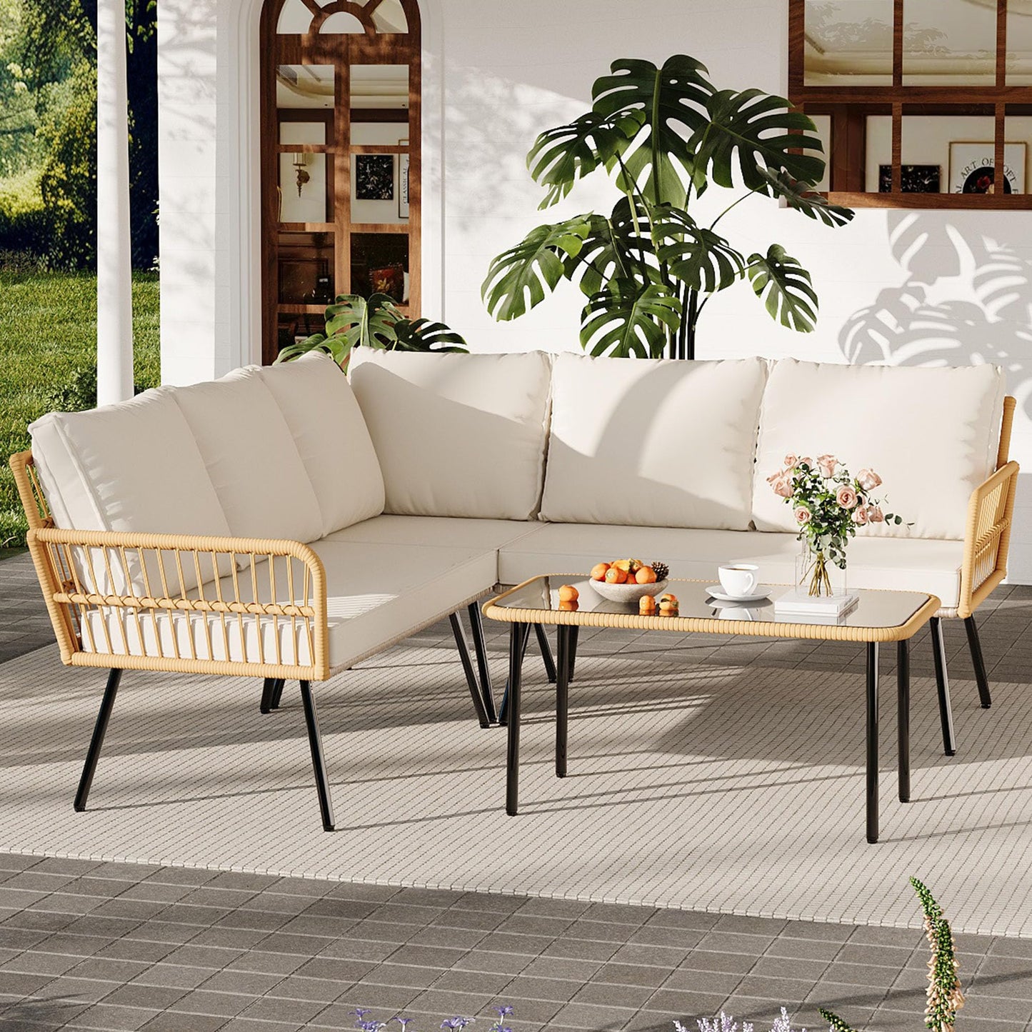 GarveeLife Wicker 4 Pieces Patio Furniture Sets Outdoor Sectional L-Shaped with Cushions & Side Table and Chairs Set, Boho Rattan 5 Seater Conversation Sets for Apartment, Bistro, Backyard,Porch,Beige