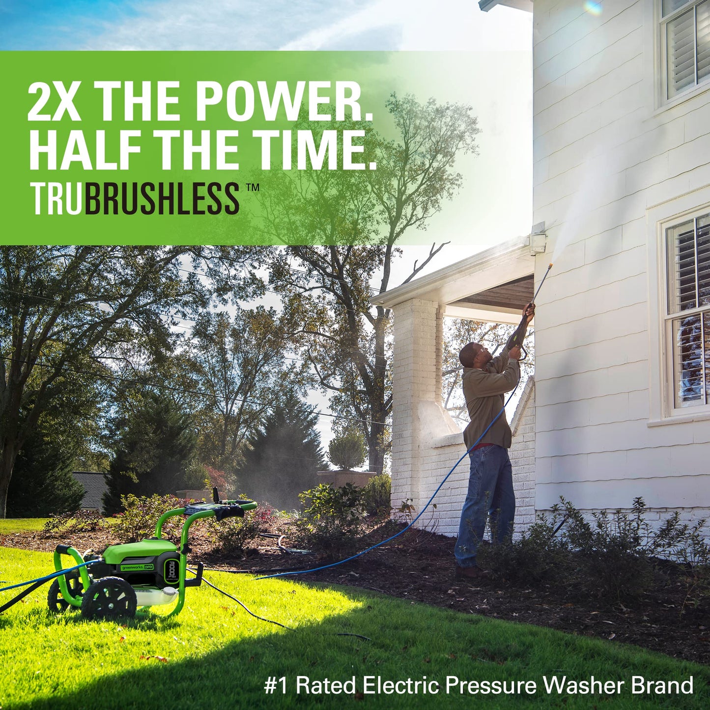 Greenworks 3000 PSI (2.0 GPM Max) Brushless Electric Pressure Washer (15°, 25°, 40°, Soap, and Turbo Nozzle) For Use On Decks, Fences, Driveways, Sidewalks, Siding & More. Heavy-Duty