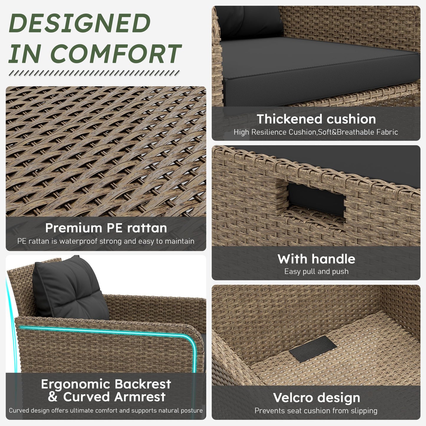 LHBcraft Balcony Furniture 5 Piece Patio Conversation Set, PE Wicker Rattan Outdoor Lounge Chairs with Soft Cushions 2 Ottoman-Glass Table for Porch