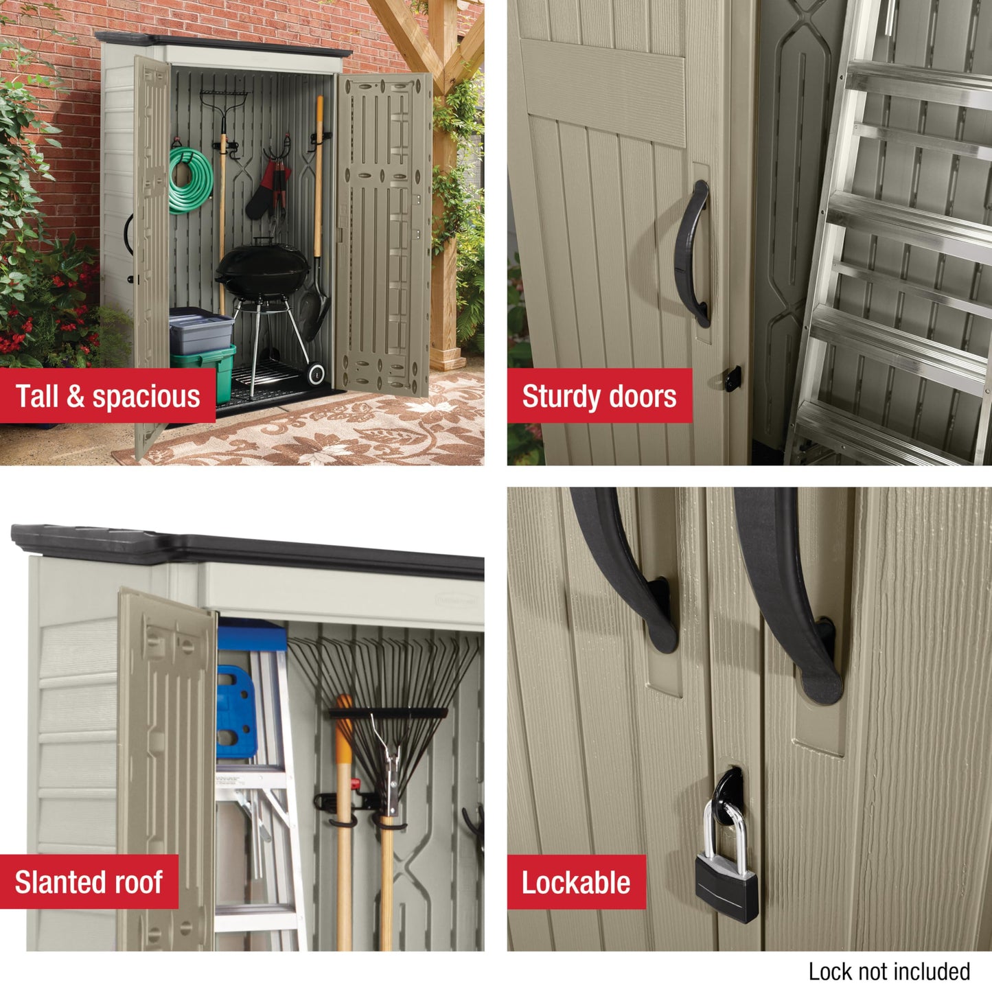 Rubbermaid Vertical Resin Outdoor Storage Shed With Floor (4 x 2.5 Ft) Weather Resistant Beige/Brown Organization for Home/Backyard/Pool Chemicals/Toys/Garden Tools/Porch/Patio Cushions