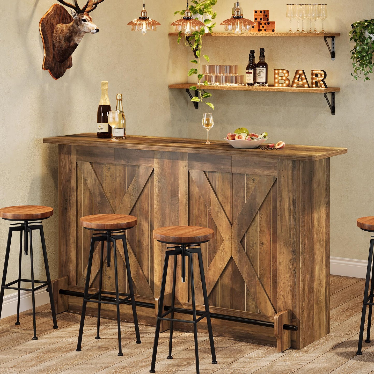 Tribesigns 63-Inch Bar Table, 2-Tier Bar Cabinet Height Pub Table with Footrest, Modern Coffee Cabinet for Home Kitchen, Large Home Unit Liquor Furniture, Bistro, Dining Room, Living Room (1, Brown)