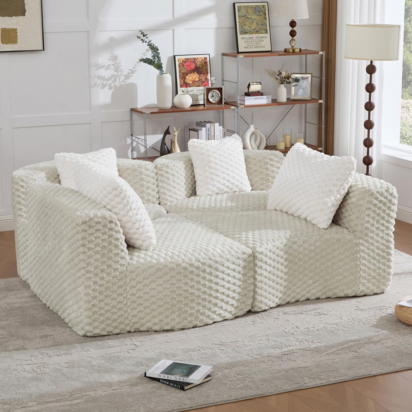 Merax 138" Curved Modular Sectional Sofa Set, Compressed 4 Seat Bubble-Velvet Boneless Sectional Couch Sofa with Deep Seat & Pillow, Comfy Cloud Soft Couches for Living Room, Easy Assembly, Grey