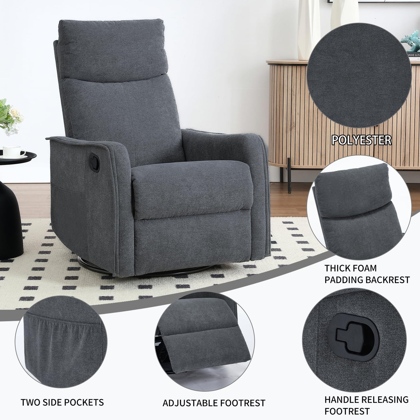 KEIKI 4-in-1 Manual Swivel Rocker Recliner Chair for Home Living Room, Polyester Chair with Back Massager & Heat, Home Theater Seating with Lumbar Support, Tool Free Assembly for Any Space, Grey