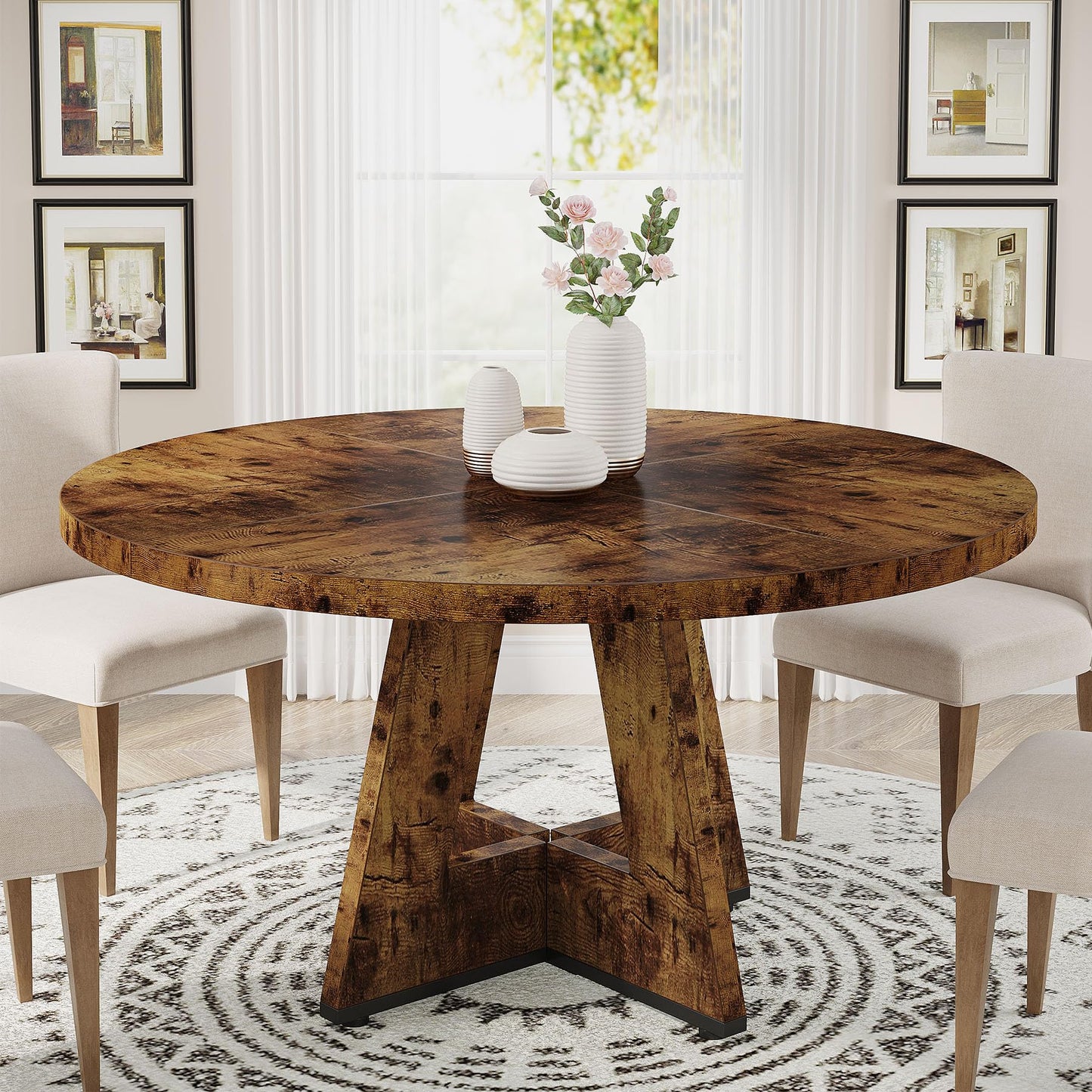 Tribesigns 47 inch Round Dining Table Wood Kitchen Table for Dining Room, 47" Dinner Room Tables for 4-6, Farmhouse Accent Furniture with Wooden Tabletop and Cross Base, Vintage