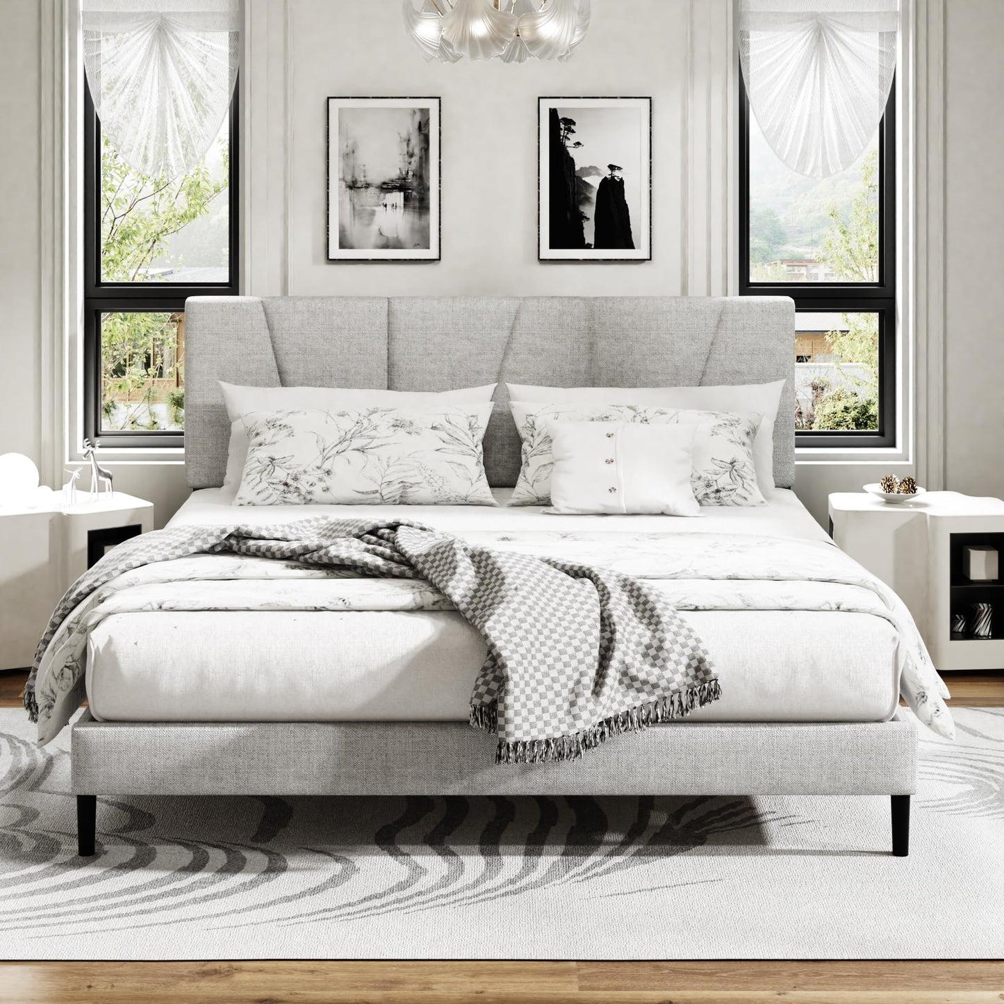 Sismplly Queen Size Platform Bed Frame with Upholstered Headboard, Wooden Slats Support, Noise Free, No Box Spring Needed, Easy Assembly, Light Grey, Linen