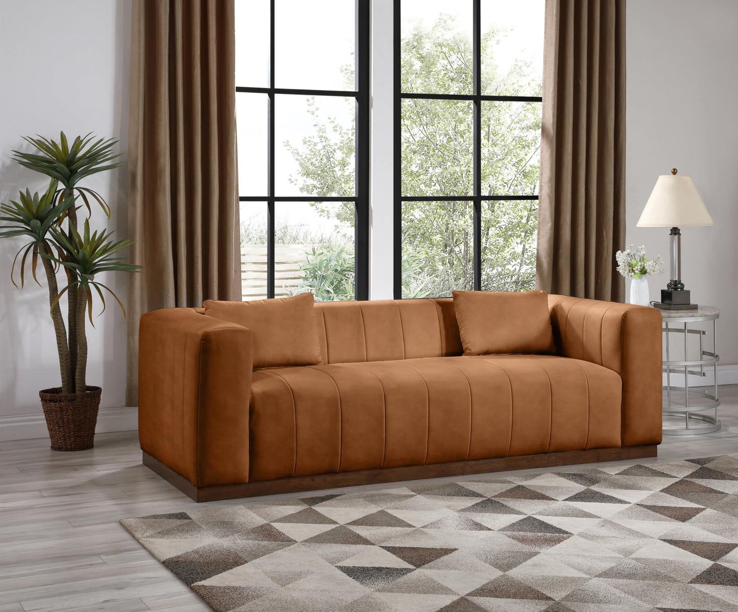 Meridian Furniture 44098Cognac-S Mallina Collection Modern | Contemporary Sofa with Soft Cognac Vegan Leather, Walnut Finish Solid Wood Base, Deep Channel Tufting, 90.5" W x 36" D x 28.5" H, Cognac