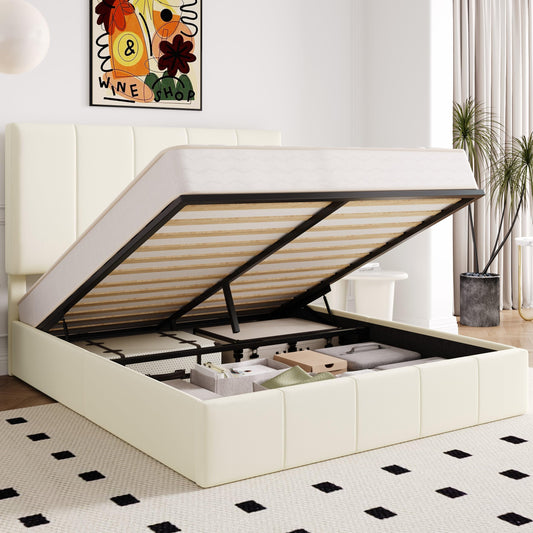 Allewie Full Size Velvet Lift Up Storage Bed Frame, Vertical Channel Tufted Headboard, Hydrualic Underneath Storage, Upholstered Platform Bed, Wooden Slats Support, No Box Spring Needed, Cream