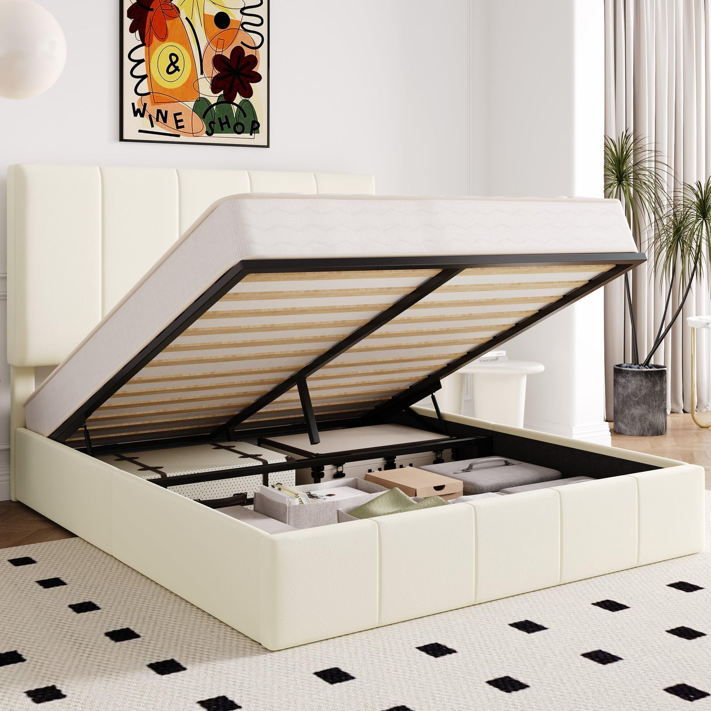Allewie Queen Size Velvet Lift Up Storage Bed Frame, Vertical Channel Tufted Headboard, Hydrualic Underneath Storage, Upholstered Platform Bed, Wooden Slats Support, No Box Spring Needed, Cream