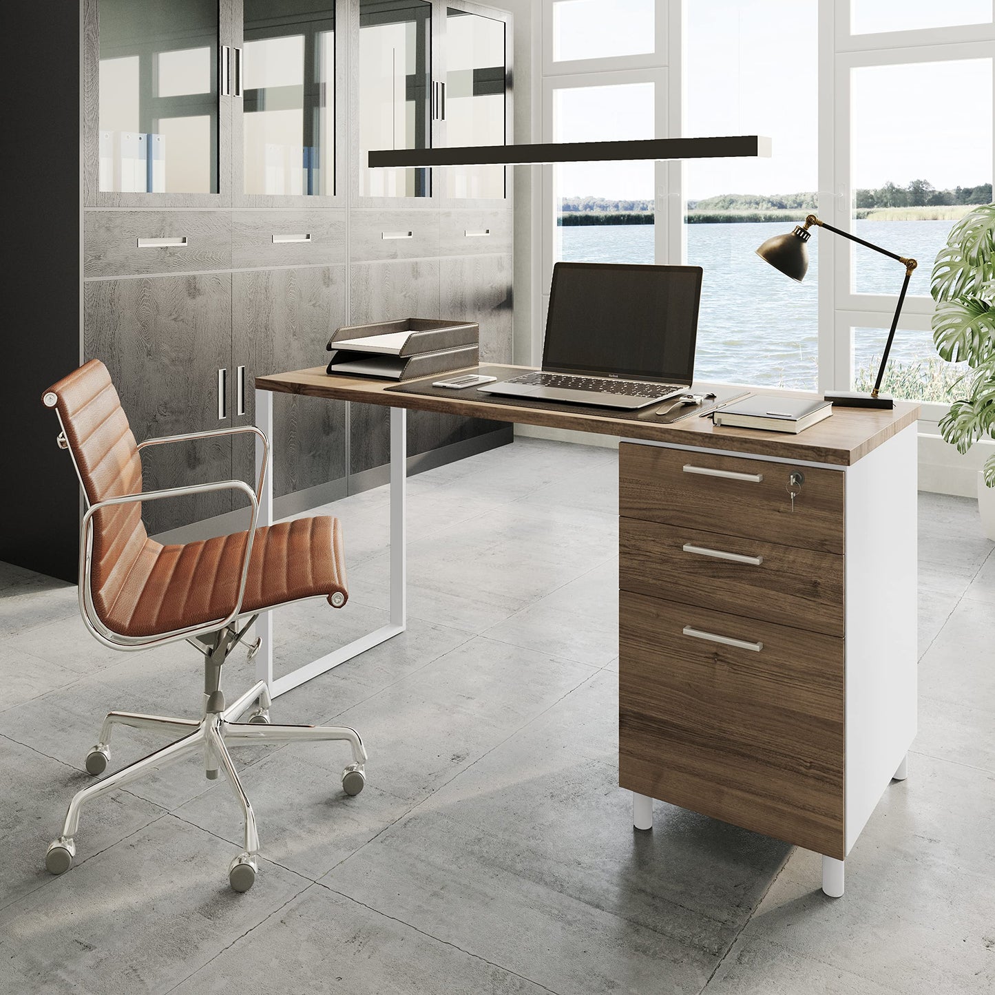 Modern Design Milano Office Desk with 3 Locking Drawers, 48 Inch White and Walnut Industrial Wood Desk with Filing Drawer and Storage, by Crafts and Comfort