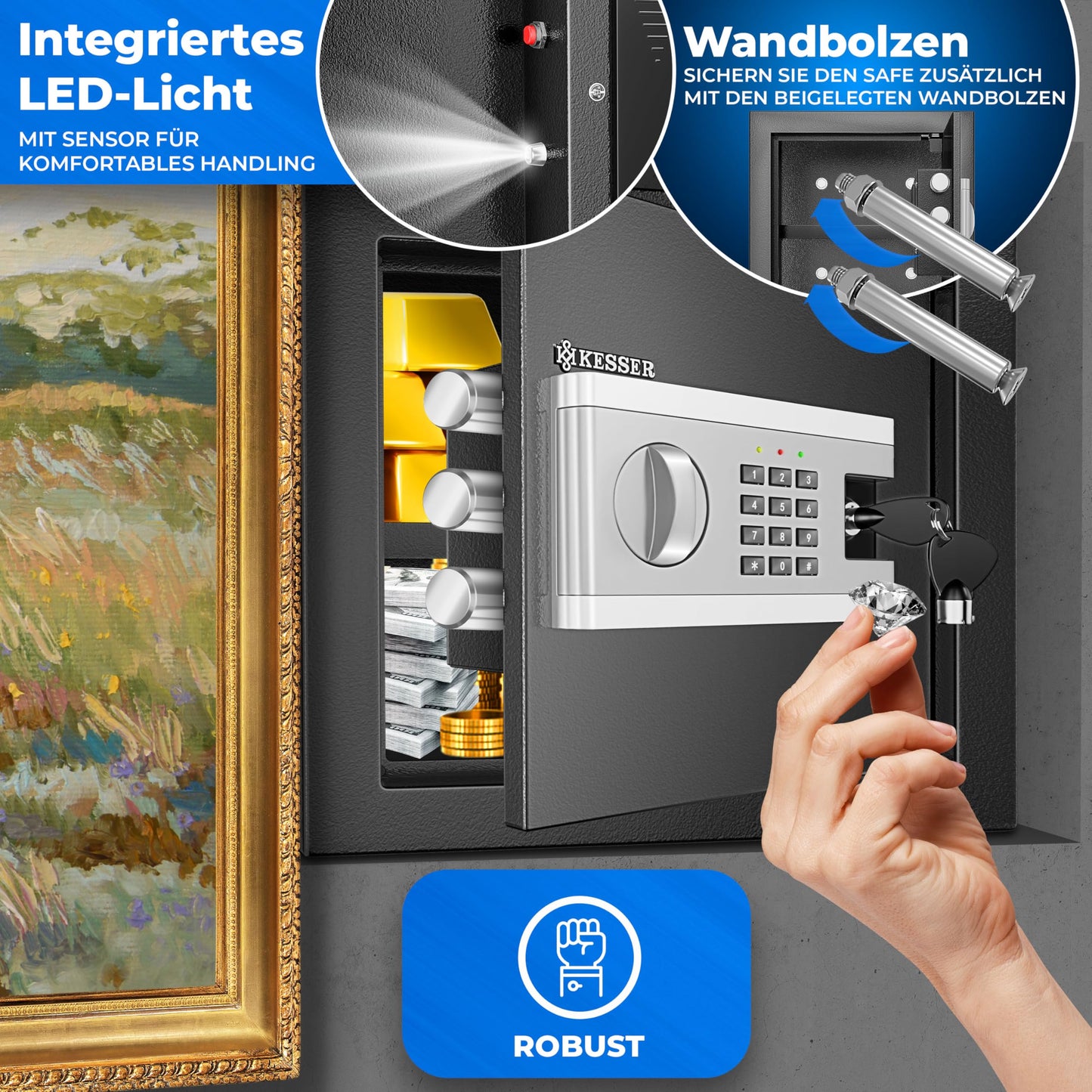KESSER Electronic Safe | 35 x 25 x 25 cm | With Battery Box | Electronic Safe | 3 x Double Bolt Lock | Floor Wall Safe | Furniture Safe | Lighting