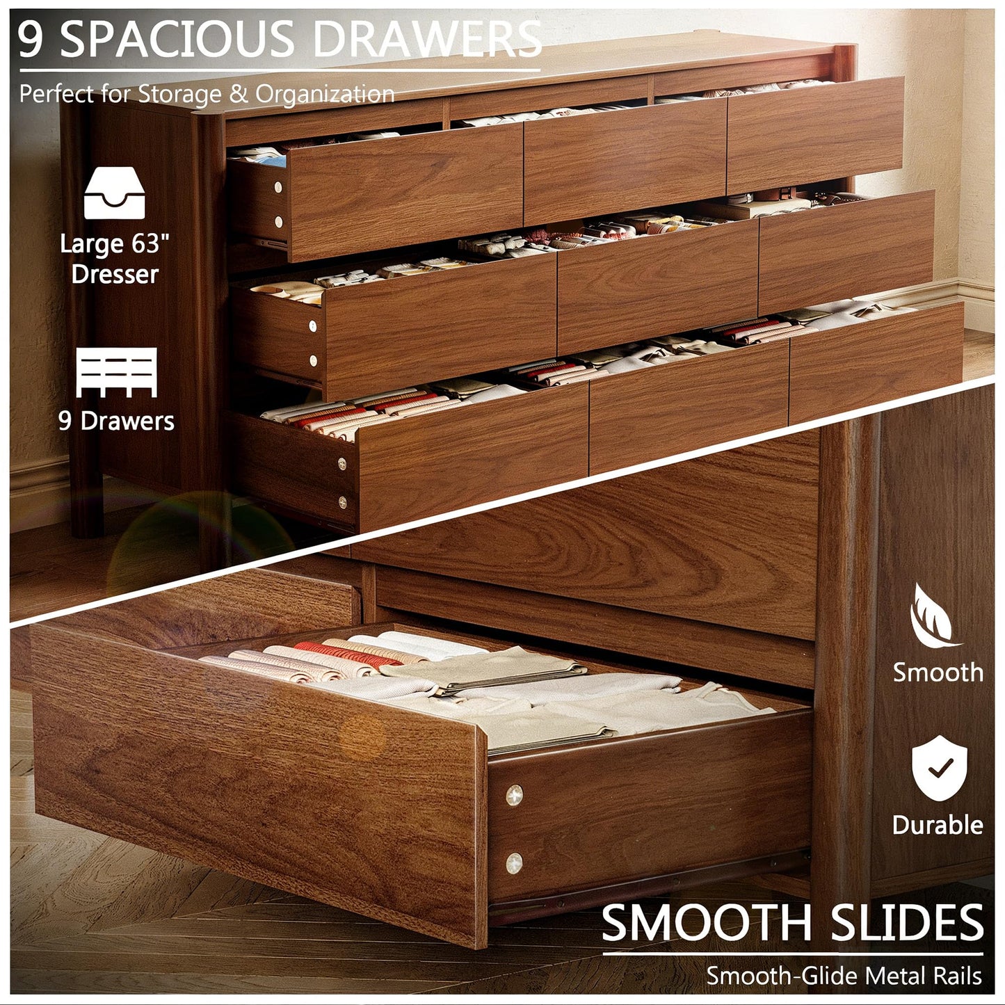 HOUROM 63" Wide 9-Drawer Dresser for Bedroom, Mid-Century Modern Chest with Solid Wood Legs, Concealed Handle,Large Wood Storage Organizer, Bedroom Storage,Walnut
