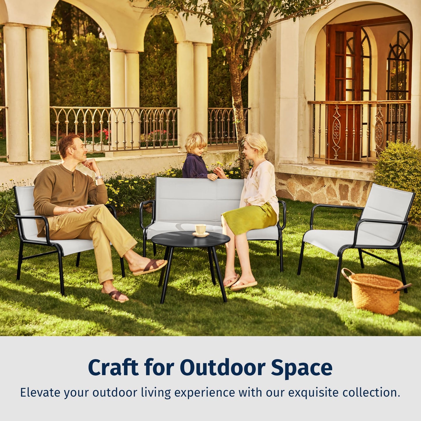 East Oak 4-Piece Patio Furniture Set, Waterproof Outdoor Furniture Set, Patio Sofa with Coffee Table for Balcony or Porch, 4 Seats Patio Conversation Sets for Backyard in Grey