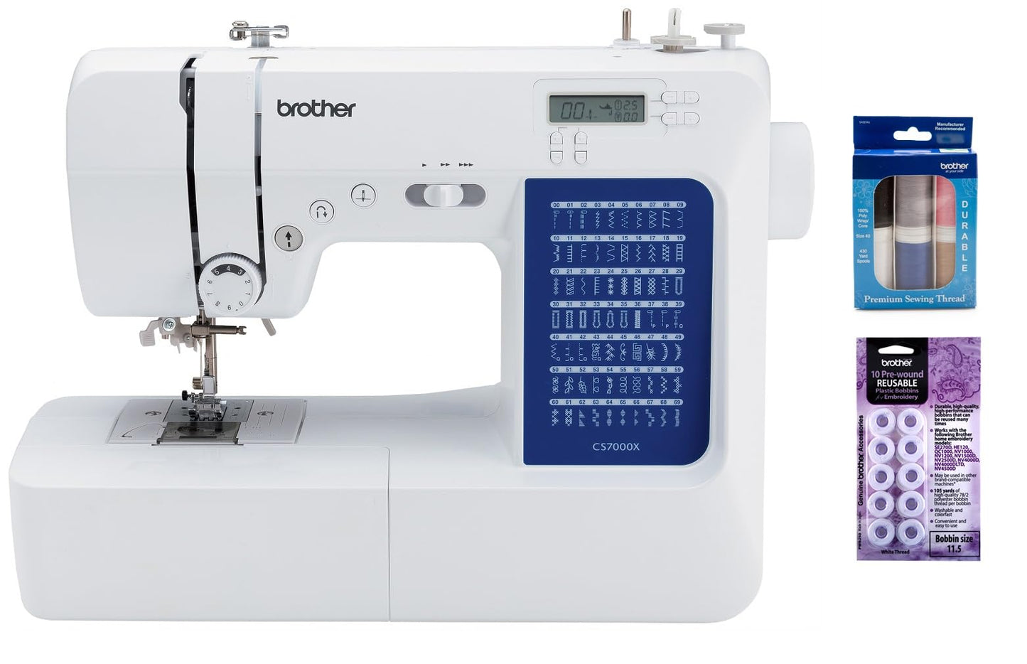Brother CS7000X Computerized Sewing and Quilting Machine (70 Built-in Stitches) + SASEW6 6-Piece Thread Pack + PWB250 Pre-Wound Embroidery Bobbins (10 Pack, White)