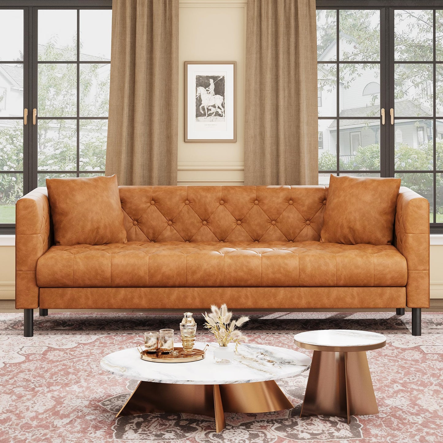 GarveeTech Modern Leather Sofa 81", Chesterfield Style 3 Seater Couch with Deep Seat, Hand-Tufted Button Quilting, Vintage Couch for Living Room, Apartment, Office
