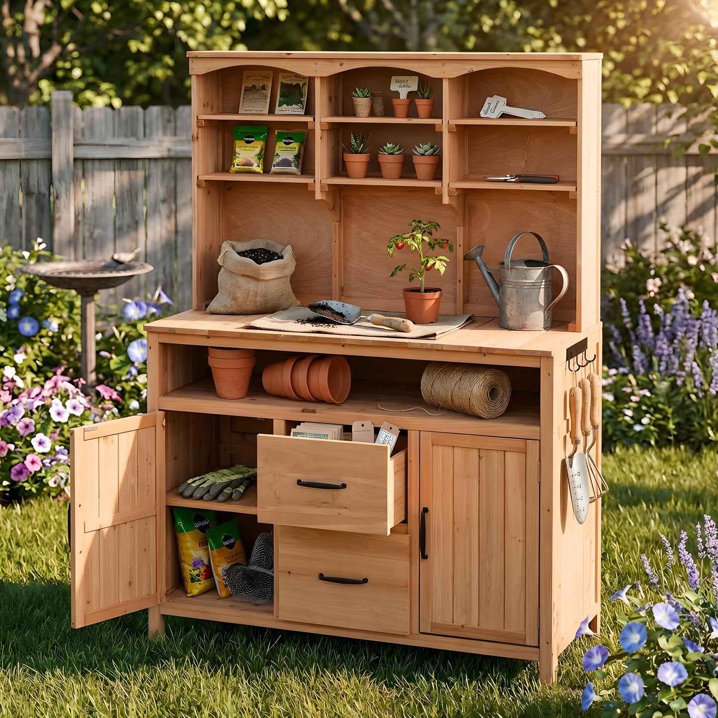 GDFStudio Junley Outdoor Storage Bench Table with Cabinet, Patio Wooden Potting Bench Plant Bench, Large Garden Storage Work Bench with Drawers, Cabinets, Hooks and Countertop, Kitchen Island, Natural