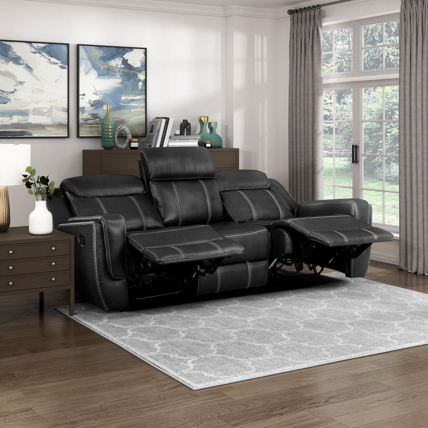 Lexicon Modern Double Recliner Sofa, Faux Leather Reclining Sofa With Center Drop-Down Cup Holders, Storage Pouch, Receptacles, USB Ports, Manual Recliner Couch For Living Room/Office/Apartment, Black