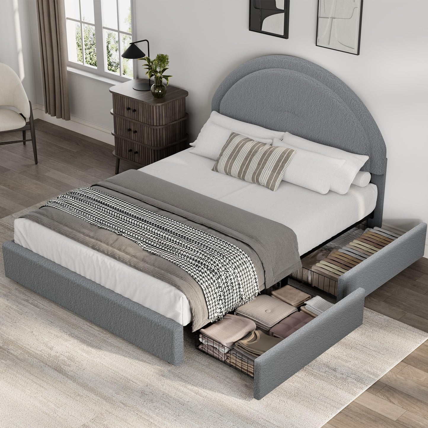 Garvee Queen Size Bed Frame with Storage Drawers, Upholstered Boucle Platform Bed with Round Headboard, Heavy Duty & Noise Free, No Box Spring Needed, Grey