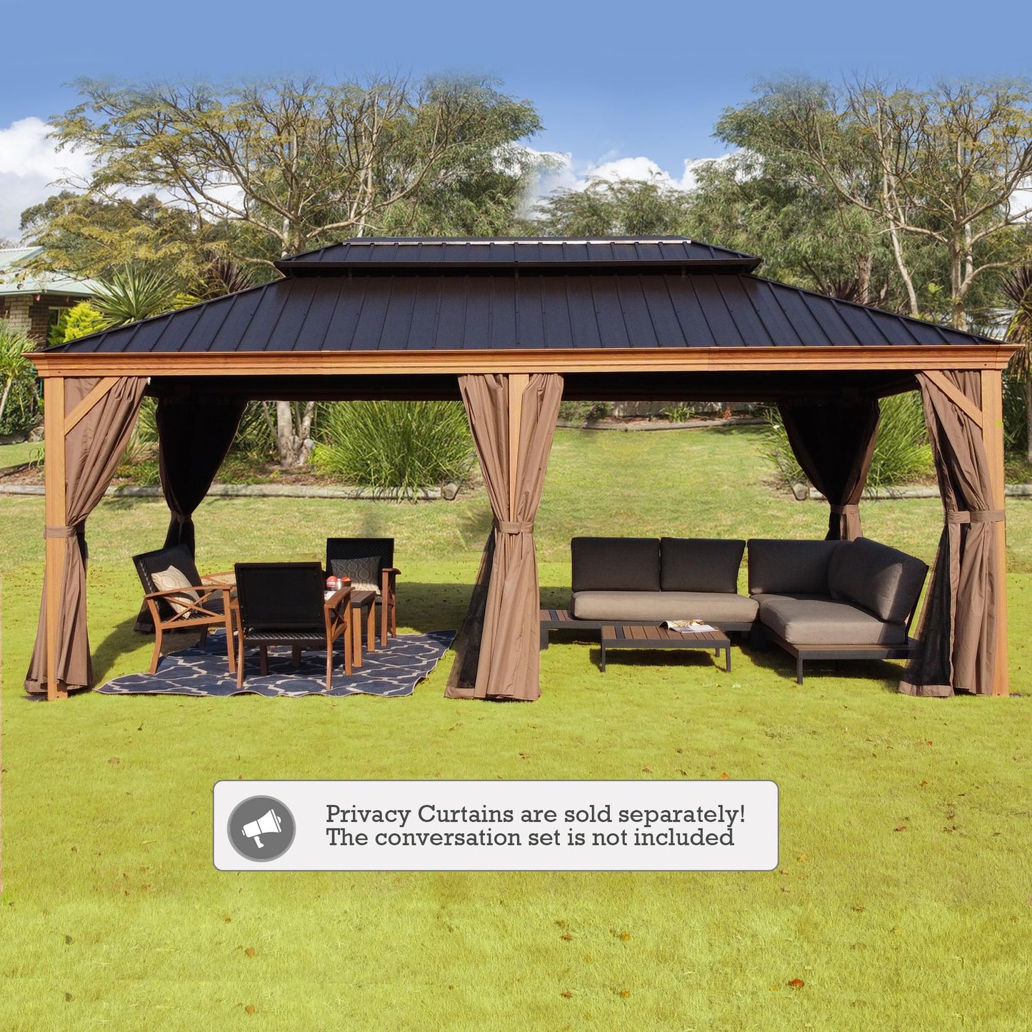 Kozyard Apollo 12’x20’ Hardtop Gazebo, Wooden Coated Aluminum Frame Canopy with Galvanized Steel Double Roof, Outdoor Permanent Metal Pavilion with Netting for Patio, Lawn