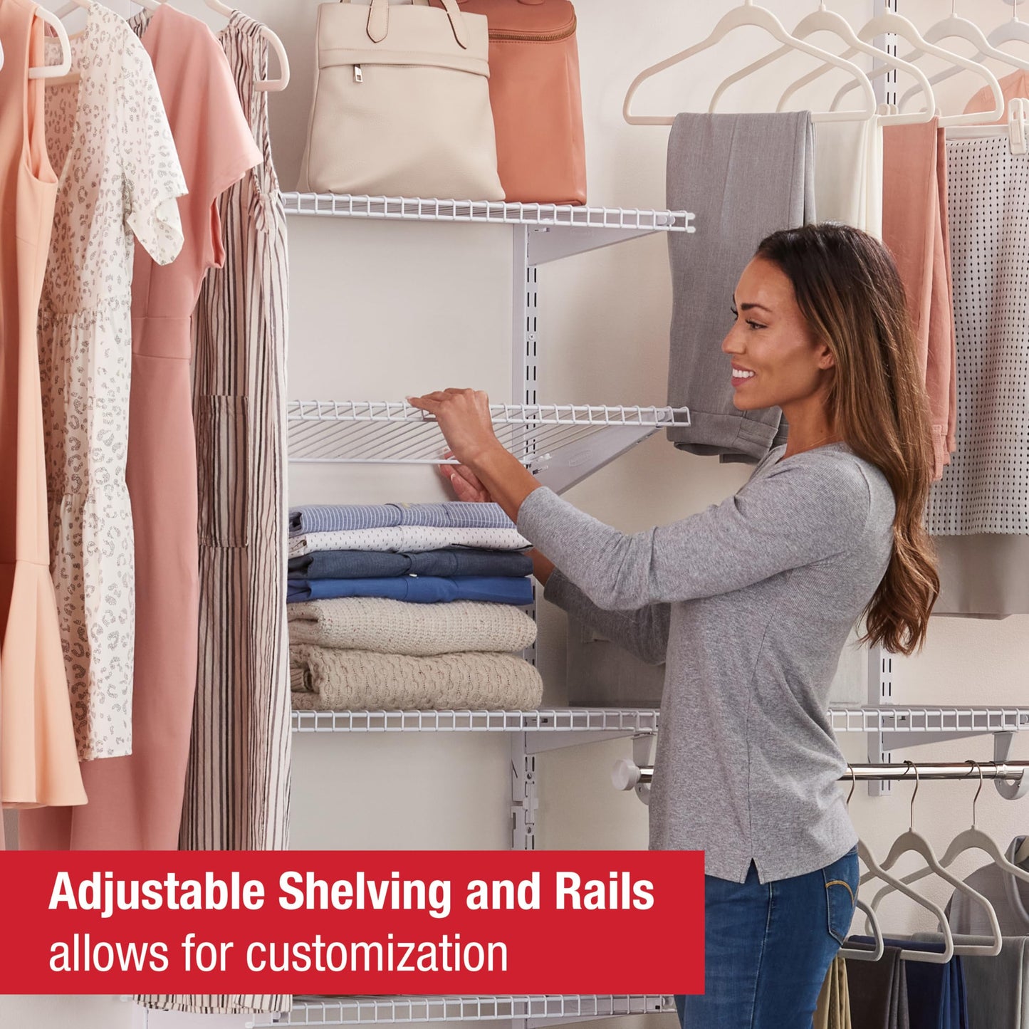 Rubbermaid Configurations Deluxe Custom Closet Kit 4-8Ft. Adjustable Metal Wire Shelving White Finish Expandable Organization System Hardware Included for Home Closet/Pantry/Laundry/Mudroom