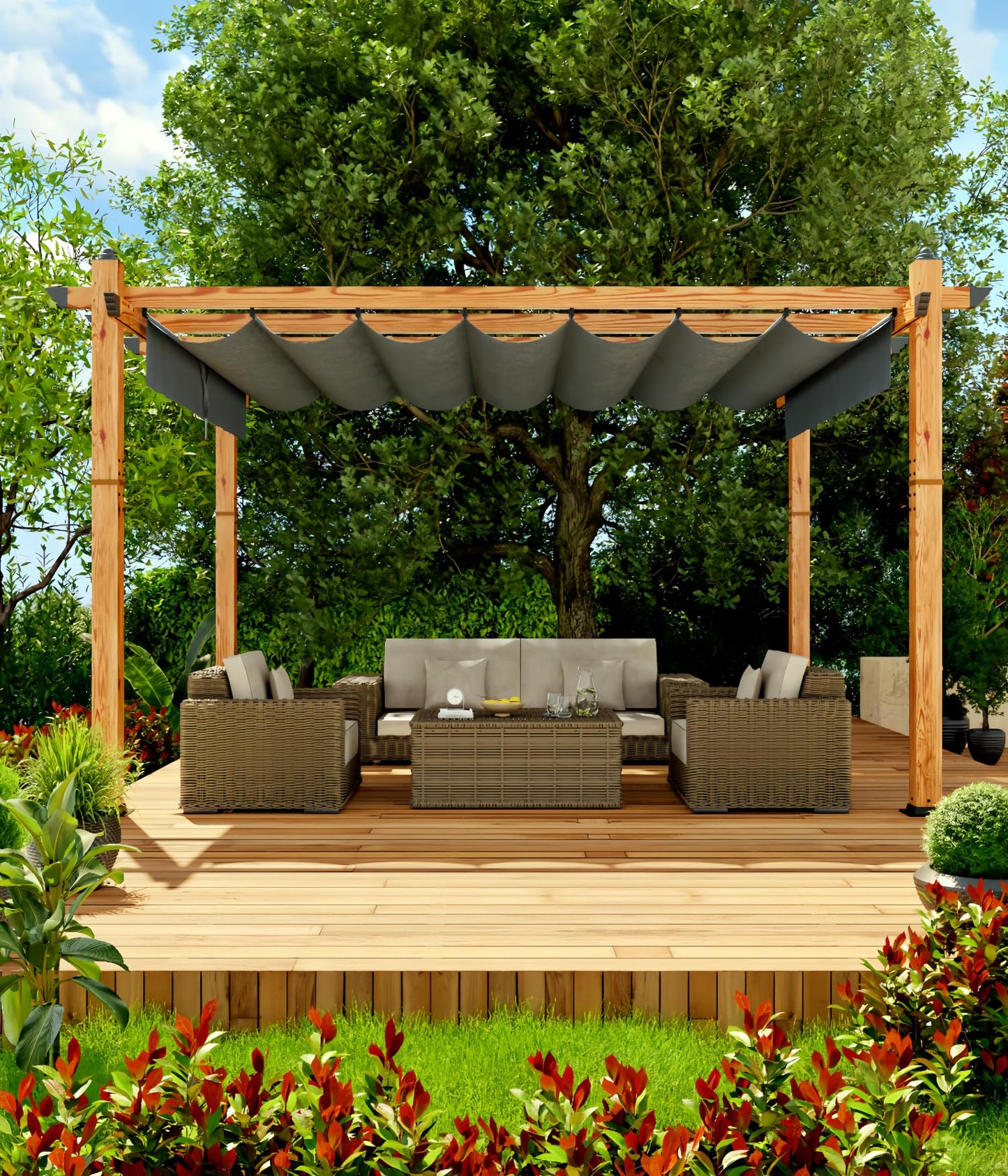 10' X 13' Outdoor Pergola with Retractable Canopy Aluminum Pergola Faux Wood Metal Pergolas Gazebo for Backyard, Deck, Patio, Garden Porch Beach Sun Shade Pavilion Grape Trellis Grill, Gray