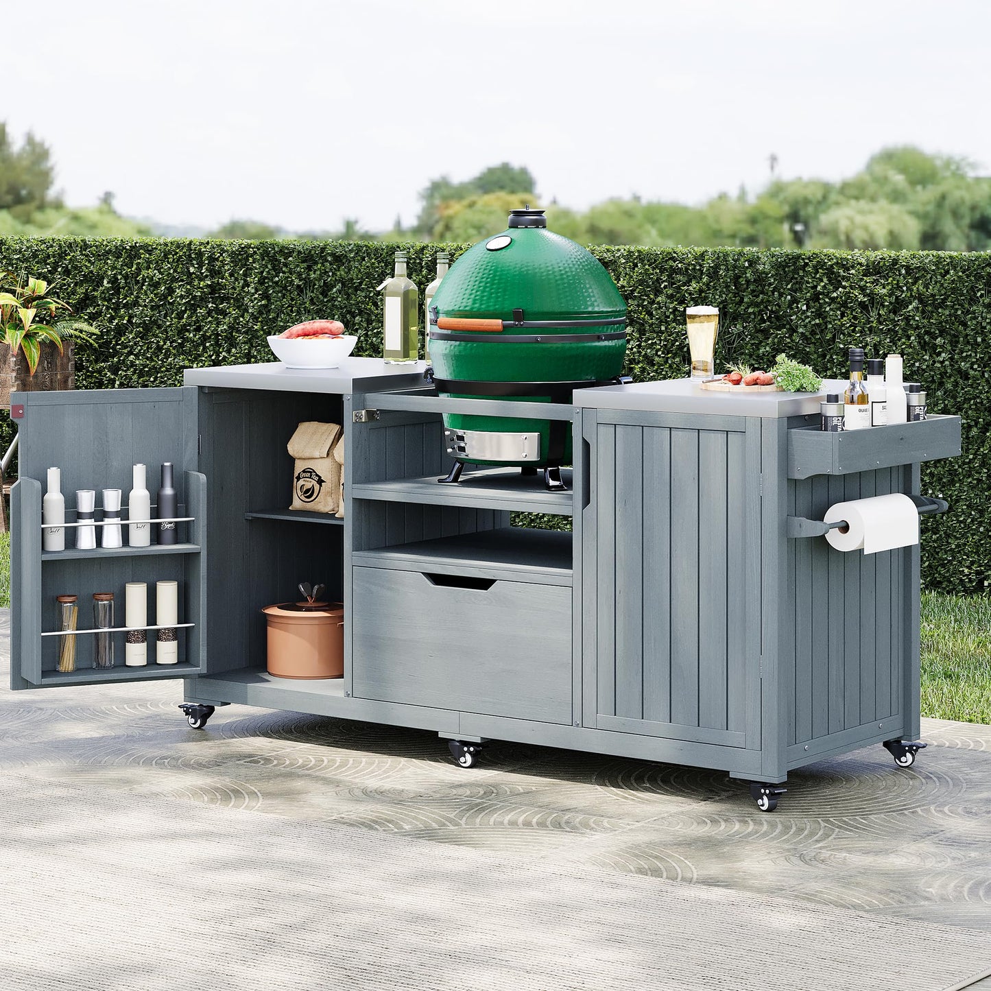 Trygoal 66.5" Outdoor Kitchen Island for Big Green Egg & Kamado Joe - 1380 sq in Heavy Duty Grill Cart with Stainless Steel Top - Solid Wood Rolling BBQ Prep Station with 6 Wheels & Storage, Grey Blue