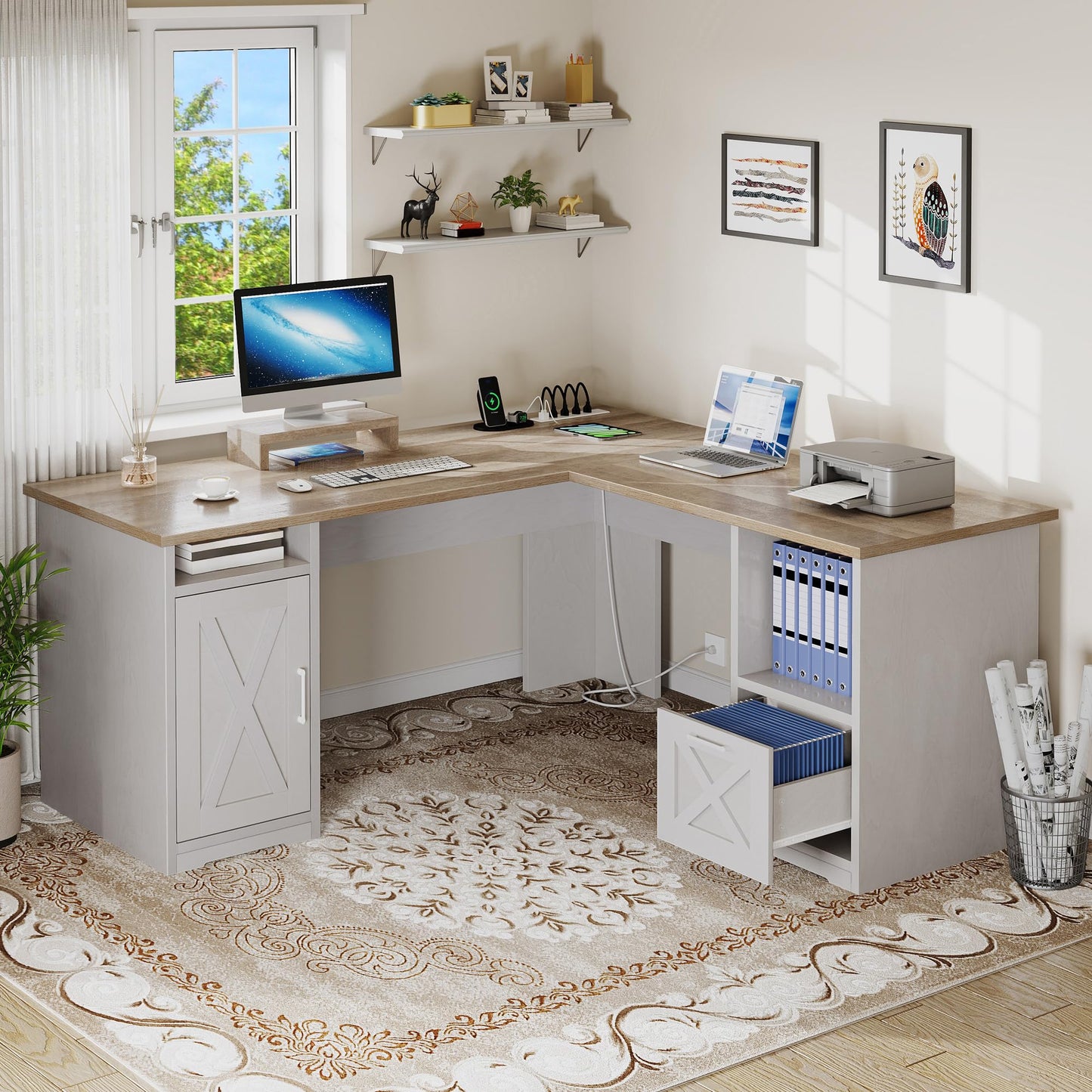 DWVO L Shaped Desk with File Drawer, 60" Corner Computer Desk with Power Outlets, Home Office Desk with Monitor Stand & Storage Shelves & File Cabinet, Grey Wash
