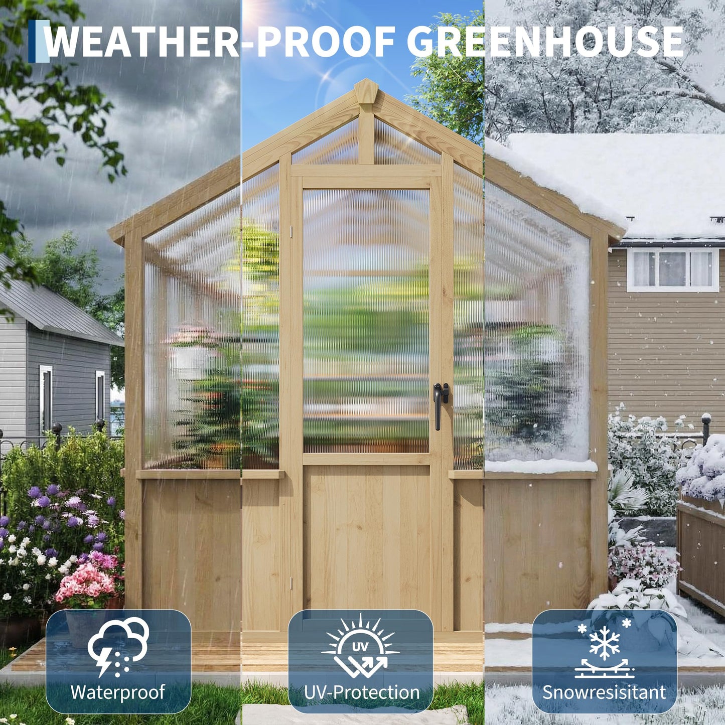 6x10 FT Greenhouse - Large Wooden Greenhouses for Outdoors, Heavy Duty Spruce Frame Greenhouse with PC Panels, Adjustable Roof Vents & Lockable Door, Walk-in Green Houses for Garden, Backyard, Patio