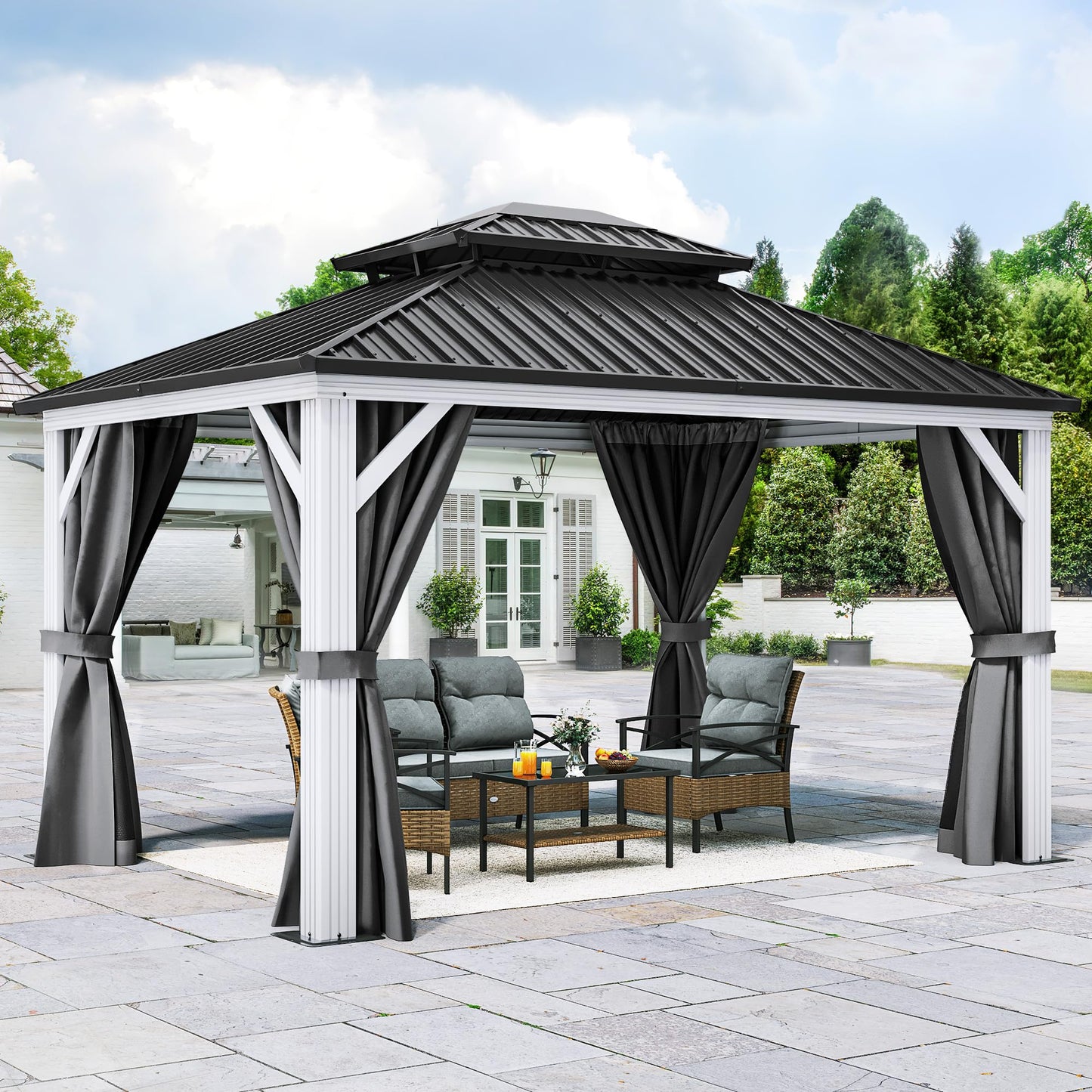 YITAHOME White Gazebo 10x12ft Hardtop Double Roof Canopy Galvanized Iron Aluminum Frame Outdoor Gazebo with Netting and Shaded Curtains Garden Tent for Patio, Backyard, Deck and Lawns, Grey Curtain