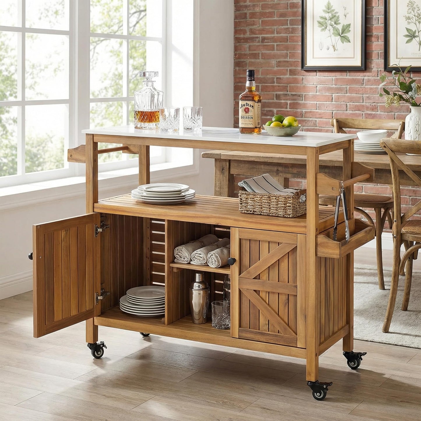 Christopher Knight Home Shina Outdoor Bar Cart with Marble-Effect Top + Lockable Wheels, Acacia Wood Outdoor Storage Cabinet with Open Shelves and 2 Doors, Kitchen Island Serving Cart, Natural
