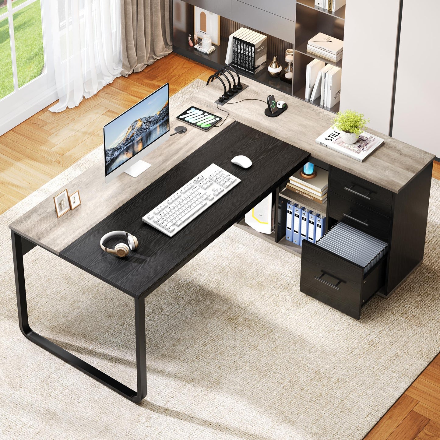 DWVO 71" Executive Desk with Power Outlets, L Shaped Executive Desk with File Cabinet, Computer Desk with Drawers & Storage Shelves, Corner Office Desk with Bookshelf for Home Office, Grey + Black
