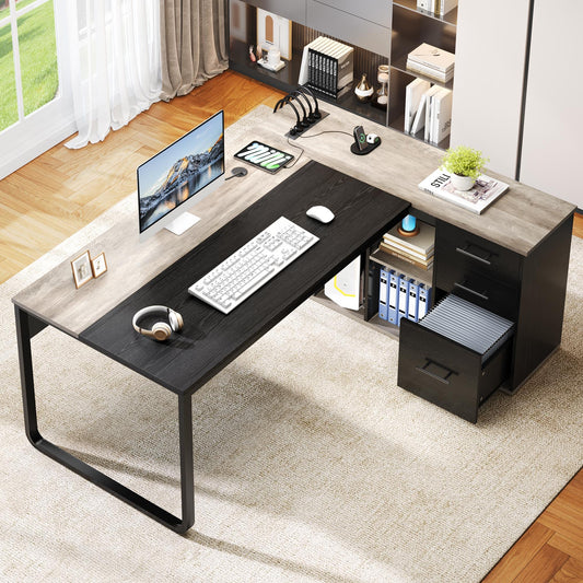 DWVO 71" Executive Desk with Power Outlets, L Shaped Executive Desk with File Cabinet, Computer Desk with Drawers & Storage Shelves, Corner Office Desk with Bookshelf for Home Office, Grey + Black