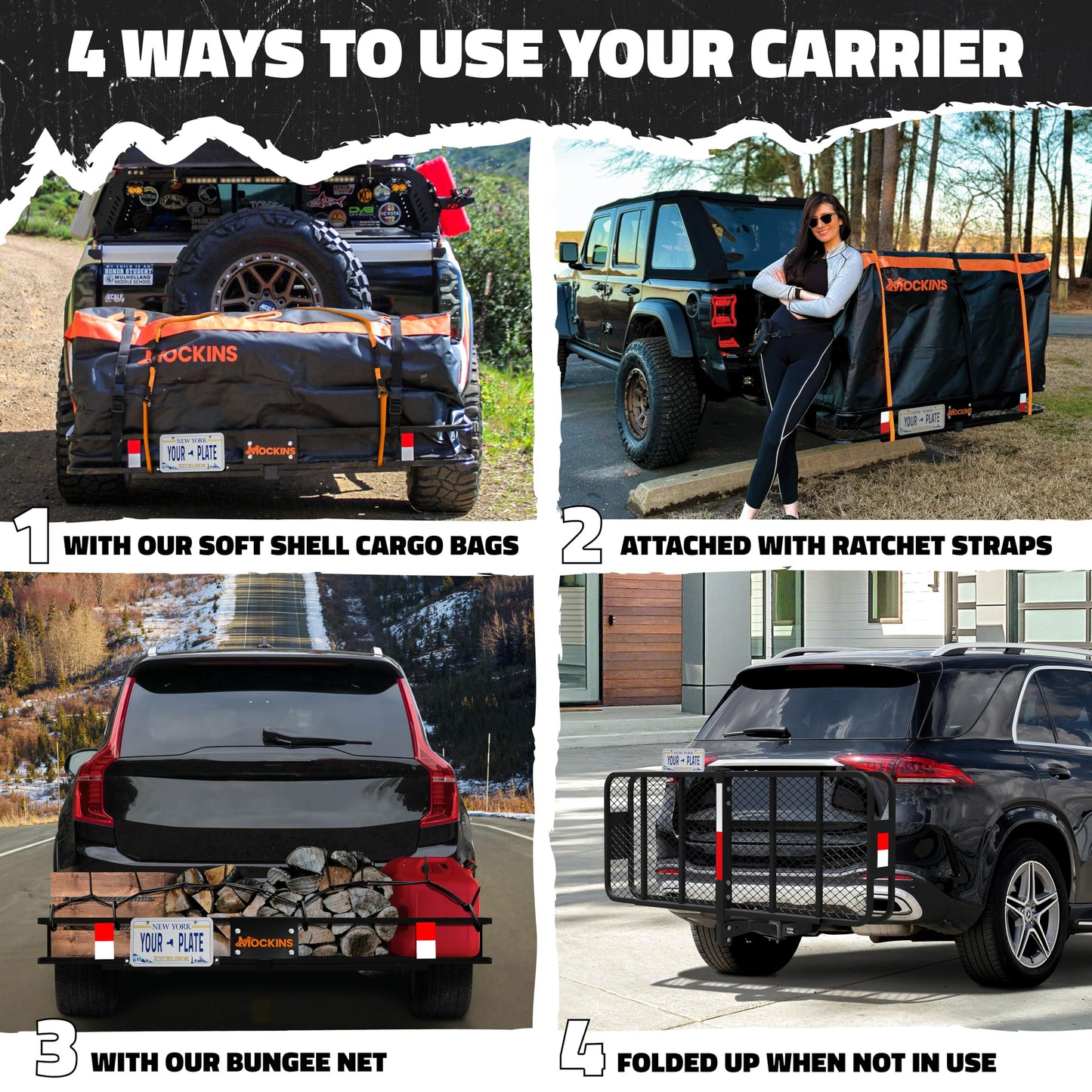 Mockins 60"x20"x6" Folding Luggage Rack for Car Hitch & 20 Cu Ft Waterproof Cargo Bag | 500 lbs Cap Steel Trailer Hitch Cargo Carrier for 2" Receivers w/License Plate Holder, Stabilizer, Net & Straps