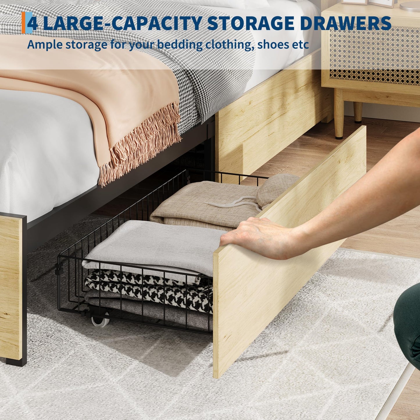 GarveeLife Full Size Boho Rattan Platform Bed Frame, Premium Cane Weave Headboard Design, Reinforced Metal Foundation Support, Space Saving Pull Out Drawers for Storage, Modern Bedroom Furniture Set