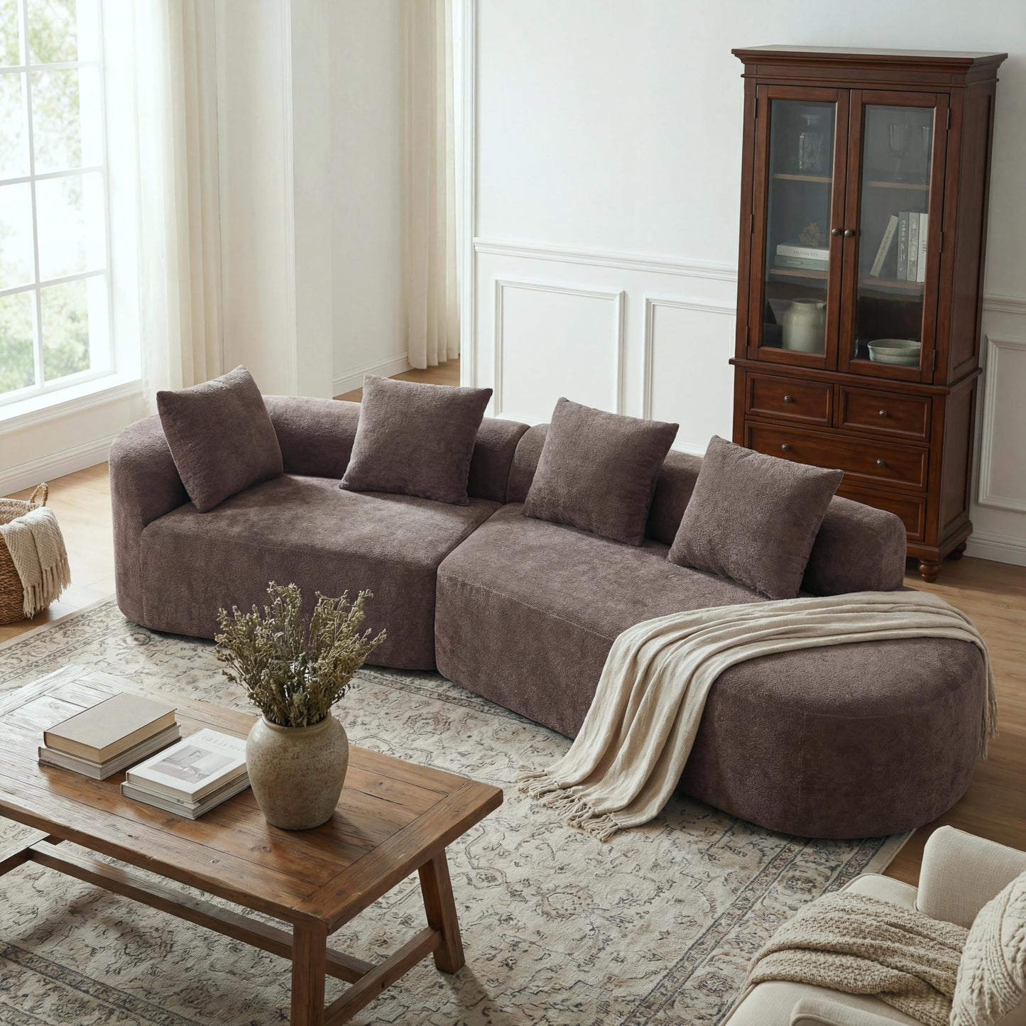 Merax 2-Piece 116" L-Shaped Modular Sectional Sofa Set, 4 Seat Fully Assembled Curved Upholstery Couch with High-Density Compressed Sponge, Chaise Lounge & 4 Pillows for Living Room, Brown