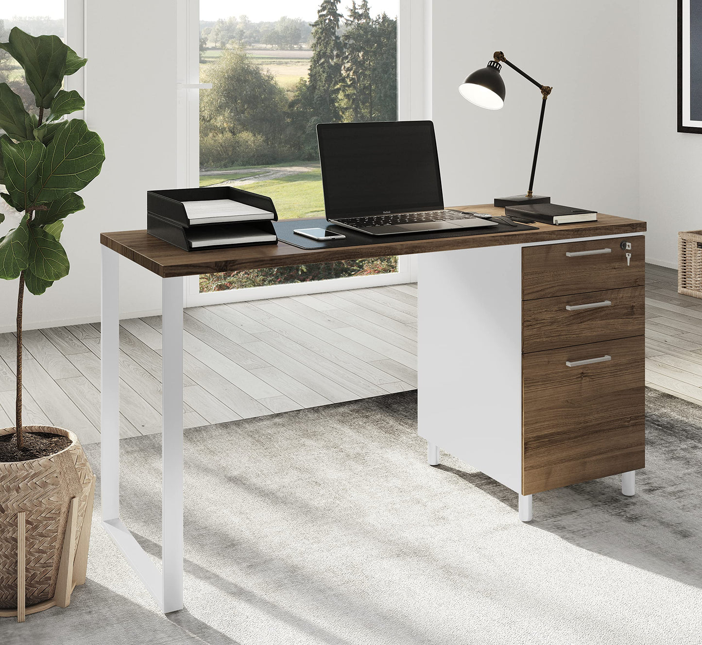 Modern Design Milano Office Desk with 3 Locking Drawers, 48 Inch White and Walnut Industrial Wood Desk with Filing Drawer and Storage, by Crafts and Comfort